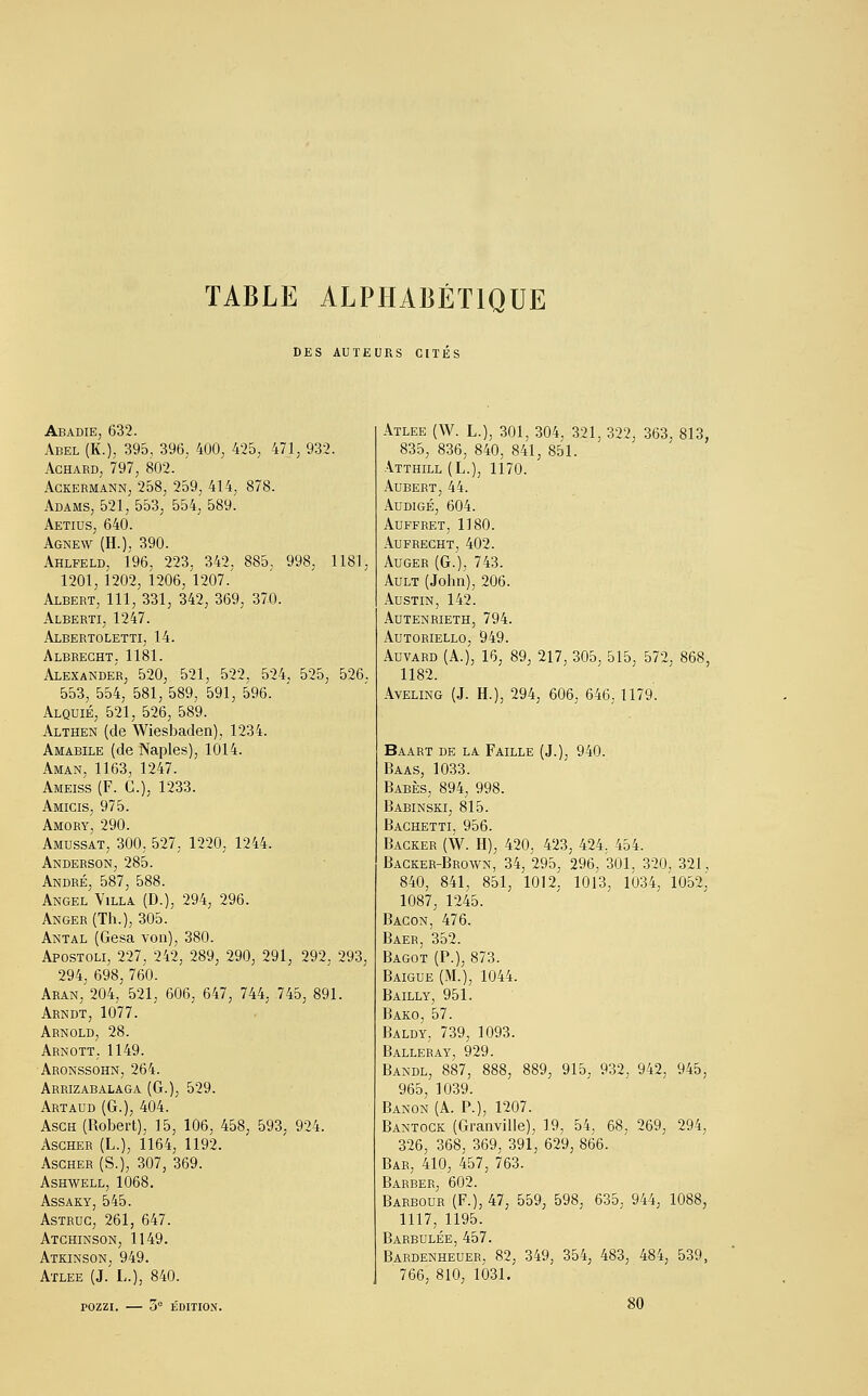 TABLE ALPHABÉTIQUE DES AUTEURS CITES Abadie, 632. Abel (K.), 395, 396, 400, 425, 471, 932. Achard, 797, 802. Ackermann,258, 259, 414, 878. Adams, 521, 553, 554, 589. Aetius, 640. Agnew (H.), 390. Ahlfeld, 196, 223, 342, 885. 998, 1181, 1201, 1202, 1206, 1207. Albert, 111, 331, 342, 369, 370. Alberti, 1247. Albertoletti, 14. Albreght. 1181. Alexander, 520, 521, 522, 524, 525, 526. 553, 554, 581, 589, 591, 596. Alquié, 521, 526, 589. Althen (de Wiesbaden), 1234. Amabile (de Naples), 1014. Aman, 1163, 1247. Ameiss (F. G.), 1233. Amicis, 975. Amory, 290. Amussat, 300, 527, 1220, 1244. Anderson, 285. André, 587, 588. Angel Villa (D.), 294, 296. Anger (Th.), 305. Antal (Gesa von), 380. Apostoli, 227, 242, 289, 290, 291, 292, 293, 294, 698, 760. Aran, 204, 521, 606, 647, 744, 745, 891. Arndt, 1077. Arnold, 28. Arnott, 1149. Aronssohn, 264. Arrizabalaga (G.), 529. Artaud (G.), 404. Asch (Robert), 15, 106, 458, 593, 924. Ascher (L.), 1164, 1192. Ascher (S.), 307, 369. Ashwell, 1068. Assaky, 545. Astrug, 261, 647. Atchinson, 1149. Atkinson, 949. Atlee (J. L.), 840. POZZI. 5e ÉDITION. Atlee (W. L.), 301, 304, 321, 322, 363, 813, 835, 836, 840, 841, 851. Atthill (L.), 1170. AUBERT, 44. Audigé, 604. AUFFRET, 1180. AUFRECHT, 402. Auger (G.), 743. Ault (John), 206. Austin, 142. autenrieth, 794. Autoriello, 949. Auvard (A.)', 16, 89, 217, 305, 515, 572, 868, 1182. Aveling (J. H.), 294, 606, 646, 1179. Baart de la Faille (J.), 940. Baas, 1033. Babès, 894, 998. Babinski, 815. Bachetti. 956. Backer (W. H), 420, 423, 424. 454. Backer-Brown, 34, 295, 296, 301, 320, 321, 840, 841, 851, 1012, 1013, 1034, 1052^ 1087, 1245. Bacon, 476. Baer, 352. Bagot (P.), 873. Baigue (M.'), 1044. Bailly, 951. Bako, 57. Baldy, 739, 1093. Balleray, 929. Bandl, 887, 888, 889, 915, 932, 942, 945, 965, 1039. Banon (A. P.), 1207. Bantock (Granville), 19, 54, 68, 269, 294, 326, 368, 369, 391, 629, 866. Bar, 410, 457, 763. Barber, 602. Barbour (F.), 47, 559, 598, 635, 944, 1088, 1117, 1195. Barbulée, 457. Bardenheuer, 82, 349, 354, 483, 484, 539, 766, 810, 1031. 80