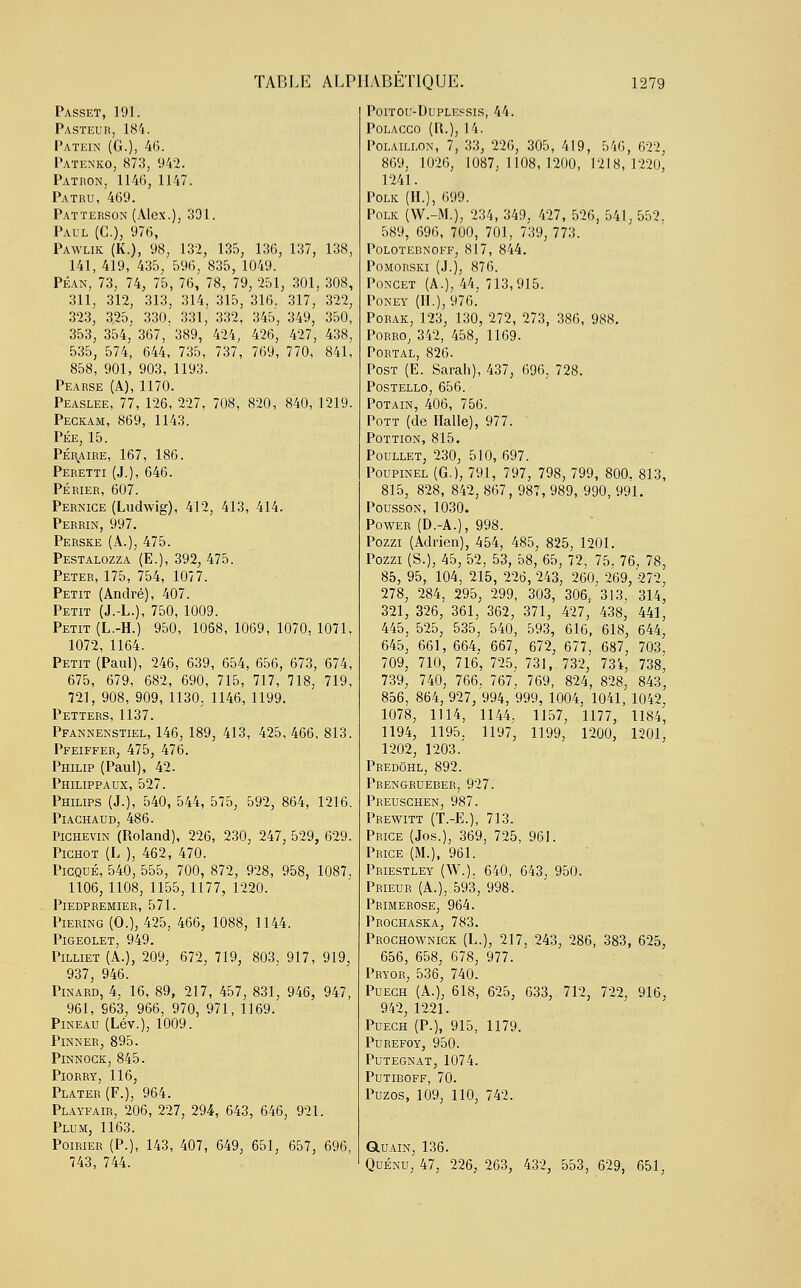 Passet, 191. Pasteur, 184. Patein (G.), 46. Patenko, 873, 942. Patron, 1146, 1147. Patru, 469. Patterson (Alex.), 391. Paul (C), 976, Pawlik (K.), 98, 132, 135, 136, 137, 138, 141, 419, 435, 596, 835, 1049. Péan, 73, 74, 75, 76, 78, 79, 251, 301, 308, 311, 312, 313, 314, 315, 316. 317, 322, 323, 3.25, 330, 331, 332, 345, 349, 350, 353, 354, 367, 389, 424, 426, 427, 438, 535, 574, 644, 735, 737, 769, 770, 841, 858, 901, 903, 1193. Pearse (A), 1170. Peaslee, 77, 126, 227, 708, 820, 840, 1219. Peckam, 869, 1143. Pée, 15. Pé\aire, 167, 186. Peretti (J.), 646. PÉRIER, 607. Pernice (Ludwig), 412, 413, 414. Perrin, 997. Perske (A.), 475. Pestalozza (E.), 392, 475. Peter, 175, 754, 1077. Petit (André), 407. Petit (J.-L.), 750, 1009. Petit (L.-H.) 950, 1068, 1069, 1070, 1071. 1072, 1164. Petit (Paul), 246, 639, 654, 656, 673, 674, 675, 679, 682, 690, 715, 717, 718, 719, 721, 908, 909, 1130. 1146,1199. Petters, 1137. Pfannenstiel, 146, 189, 413, 425, 466, 813. Pfeiffer, 475, 476. Philip (Paul), 42. Philippaux, 527. Philips (J.), 540, 544, 575, 592, 864, 1216. PlACHAUD, 486. Pichevin (Roland), 226, 230, 247, 529, 629. Pighot (L ), 462, 470. Pigqué, 540, 555, 700, 872, 928, 958, 1087. 1106, 1108, 1155,1177, 1220. Piedpremier, 571. Piering (O.), 425, 466, 1088, 1144. PlGEOLET, 949. Pilliet (A.), 209, 672, 719, 803, 917, 919, 937, 946. Pinard, 4, 16, 89, 217, 457, 831, 946, 947, 961, S63, 966, 970, 971, 1169. Pineau (Lév.), 1009. Pinner, 895. PlNNOGK,845. PlORRY, 116, Plater(F.), 964. Playfair, 206, 227, 294, 643, 646, 921. Plu m, 1163. Poirier (P.), 143, 407, 649, 651, 657, 696, 743, 744. Poitou-Duplessis, 44. Polacco (R.), 14. Polaillon, 7, 33, 226, 305, 419, 546, 622, 869, 1026, 1087,1108,1200, 1218,1220, 1241. Polk (H.), 099. Polk (W.-M.), 234, 349, 427, 526, 541, 552. 589, 696, 700, 701, 739, 773. POLOTEBNOFF, 817, 844. Pomorski (J.), 876. Poncet (A.), 44, 713,915. Poney (II.), 976. Porak, 123, 130, 272, 273, 386, 988. Porro, 342, 458, 1169- Portal, 826. Post (E. Sarah), 437, 696, 728. postello, 656. Potain, 406, 756. Pott (de Halle), 977. POTTION, 815. Poullet, 230, 510, 697. Poupinel (G.), 791, 797, 798, 799, 800. 813, 815, 828, 842, 867, 987, 989, 990, 991. Pousson, 1030. Power (D.-A.), 998. Pozzi (Adrien), 454, 485, 825, 1201. Pozzi (S.), 45, 52, 53, 58, 65, 72, 75, 76, 78, 85, 95, 104, 215, 226, 243, 260, 269, 272, 278, 284, 295, 299, 303, 306, 313, 314, 321, 326, 361, 362, 371, 427, 438, 441, 445, 525, 535, 540, 593, 616, 618, 644, 645, 661, 664. 667, 672, 677, 687, 703, 709, 710, 716, 725, 731, 732, 731, 738, 739, 740, 766, 767, 769, 824, 828, 843, 856, 864, 927, 994, 999, 1004, 1041, 1042, 1078, 1114, 1144, 1157, 1177, 1184, 1194, 1195. 1197, 1199, 1200, 1201, 1202, 1203. Predôhl, 892. Prengrueber, 927. Preuschen, 987. Prewitt (T.-E.), 713. Price (Jos.), 369, 725, 961. Price (M.), 961. Priestley (W.). 640, 643, 950. Prieur (A.), 593, 998. Primerose, 964. Prochaska, 783. Prochownick (L.), 217, 243, 286, 383, 625, 656, 658, 678, 977. Pryor, 536, 740. Puegh (A.), 618, 625, 633, 712, 722, 916, 942, 1221. Puegh (P.), 915, 1179. Purefoy, 950. Putegnat,1074. Putiboff, 70. Puzos, 109, 110, 742. Quain, 136. Quénu, 47, 226, 263, 432, 553, 629, 651,