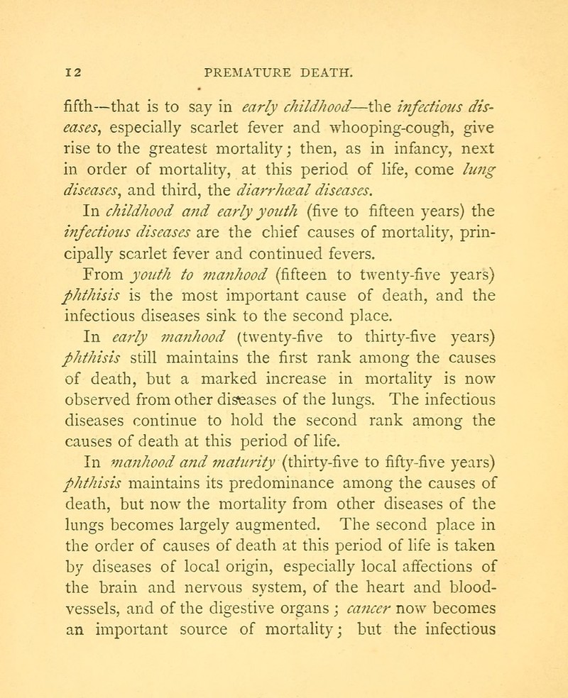 fifth—that is to say in early childhood—the infectioics dis- eases, especially scarlet fever and whooping-cough, give rise to the greatest mortality; then, as in infancy, next in order of mortality, at this period of life, come lung diseases, and third, the diarrheal diseases. In childhood and early youth (five to fifteen years) the infectious diseases are the chief causes of mortality, prin- cipally scarlet fever and continued fevers. From youth to manhood (fifteen to twenty-five years) phthisis is the most important cause of death, and the infectious diseases sink to the second place. In early manhood (twenty-five to thirty-five years) phthisis still maintains the first rank among the causes of death, but a marked increase in mortality is now observed from other diseases of the lungs. The infectious diseases continue to hold the second rank among the causes of death at this period of life. In manhood and maturity (thirty-five to fifty-five years) phthisis maintains its predominance among the causes of death, but now the mortality from other diseases of the lungs becomes largely augmented. The second place in the order of causes of death at this period of life is taken by diseases of local origin, especially local affections of the brain and nervous system, of the heart and blood- vessels, and of the digestive organs ; cancer now becomes an important source of mortality; but the infectious