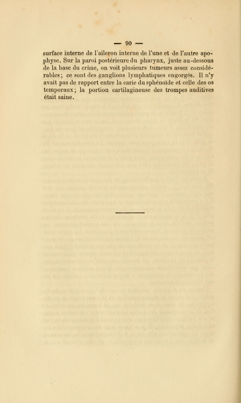 surface interne de l'aileron interne de l'une et de l'autre apo- physe. Sur la paroi postérieure du pharynx, juste au-dessous de la base du crâne, on voit plusieurs tumeurs assez considé- rables; ce sont des ganglions lymphatiques engorgés. Il n'y avait pas de rapport entre la carie du sphénoïde et celle des os temporaux ; la portion cartilagineuse des trompes auditives était saine.