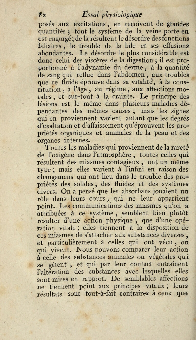 posés aux excitations, en reçoivent de grandes quantités ; tout le système de la veine porte en est engorgé; de là résultent le désordre des fonctions biliaires , le trouble de la bile et ses effusions abondantes. Le désordre le plus considérable est donc celui des viscères de la digestion ; il est pro- portionné à l'adynamie du derme, à la quantité de sang qui reflue dans l'abdomen , aux troubles que ce fluide éprouve dans sa vitalité', à la cons- titution , à l'âge , au régime, aux affections mo- rales , et sur-tout à la crainte. Le principe des lésions est le même dans plusieurs maladies dé- pendantes des mêmes causes ; mais les signes qui en proviennent varient autant que les degrés d'exaltation et d'affaissement qu'éprouvent les pro- priétés organiques et animales de la peau et des organes internes. Toutes les maladies qui proviennent de la rareté de l'oxigène dans l'atmosphère , toutes celles qui résultent des miasmes contagieux , ont un même type ; mais elles varient à l'infini en raison des changemens qui ont lieu dans le trouble des pro- priétés des solides, des fluides et des systèmes divers. On a pensé que les absorbans jouaient un rôle dans leurs cours, qui ne leur appartient point. Les communications des miasmes qu'on a attribuées à ce système , semblent bien plutôt résulter d'une action physique , que d'une opé- ration vitale ; elles tiennent à la disposition de ces miasmes de s'attacher aux substances diverses, et particulièrement à celles qui ont vécu , ou qui vivent. Nous pouvons comparer leur action à celle des substances animales ou végétales qui se gâtent , et qui par leur contact entraînent l'altération des substances avec lesquelles elles sont mises en rapport. De semblables affections ne tiennent point aux principes vitaux ; leurs résultats sont tout-à-fait contraires à ceux que