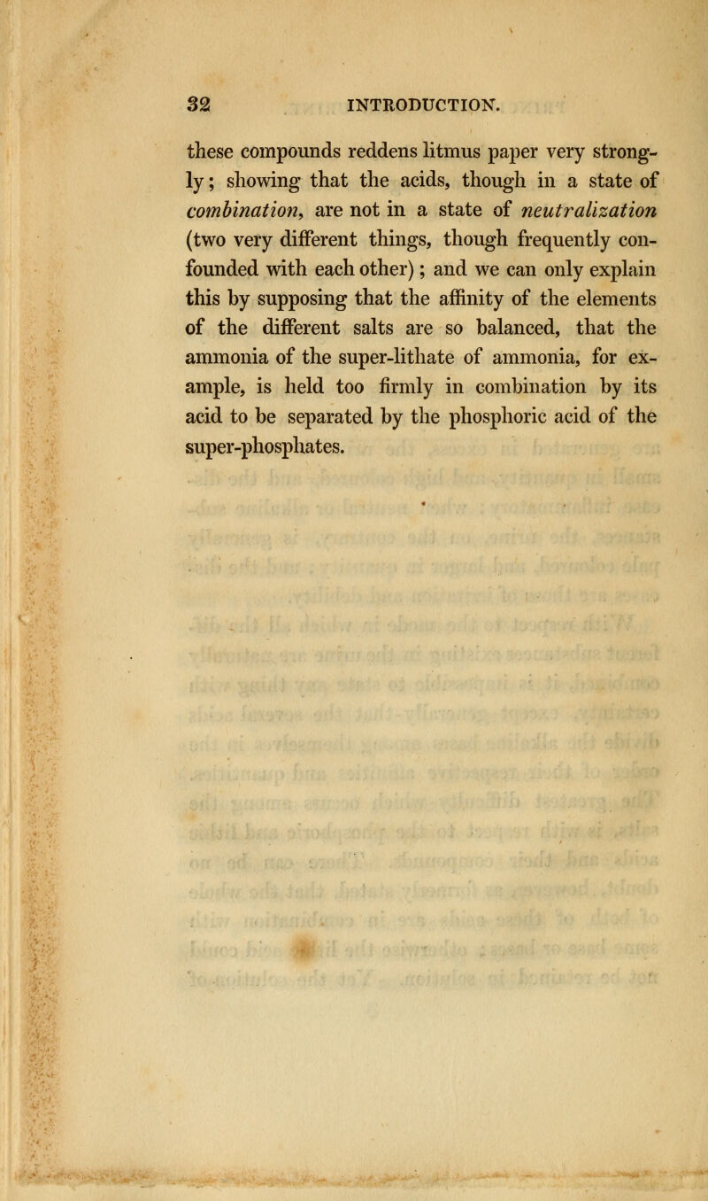 these compounds reddens litmus paper very strong- ly ; showing that the acids, though in a state of combination, are not in a state of neutralization (two very different things, though frequently con- founded with each other); and we can only explain this by supposing that the affinity of the elements of the different salts are so balanced, that the ammonia of the super-lithate of ammonia, for ex- ample, is held too firmly in combination by its acid to be separated by the phosphoric acid of the super-phosphates.
