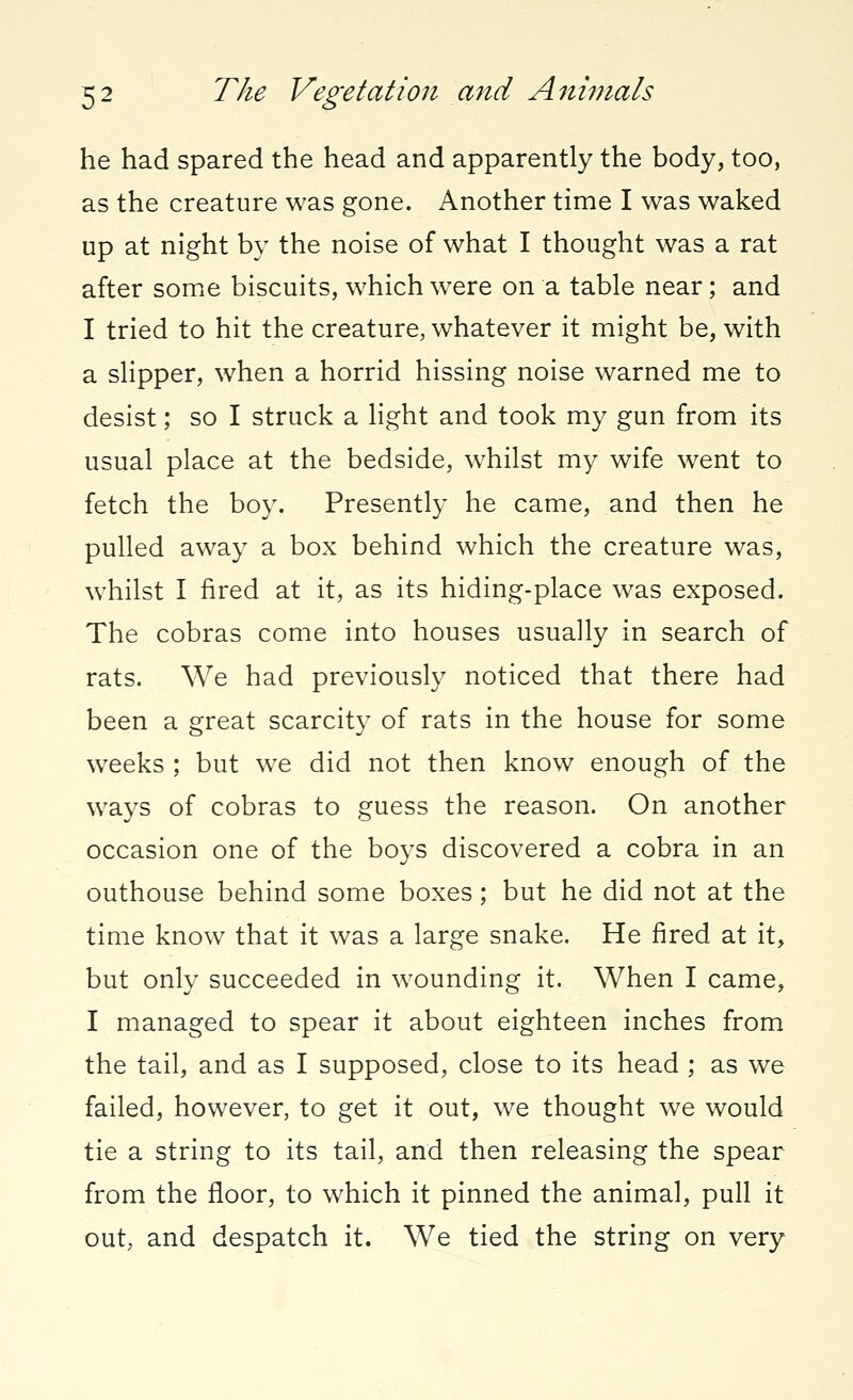 he had spared the head and apparently the body, too, as the creature was gone. Another time I was waked up at night by the noise of what I thought was a rat after some biscuits, which were on a table near; and I tried to hit the creature, whatever it might be, with a slipper, when a horrid hissing noise warned me to desist; so I struck a light and took my gun from its usual place at the bedside, whilst my wife went to fetch the boy. Presently he came, and then he pulled away a box behind which the creature was, whilst I fired at it, as its hiding-place was exposed. The cobras come into houses usually in search of rats. We had previously noticed that there had been a great scarcity of rats in the house for some weeks ; but we did not then know enough of the ways of cobras to guess the reason. On another occasion one of the boys discovered a cobra in an outhouse behind some boxes; but he did not at the time know that it was a large snake. He fired at it, but only succeeded in wounding it. When I came, I managed to spear it about eighteen inches from the tail, and as I supposed, close to its head ; as we failed, however, to get it out, we thought we would tie a string to its tail, and then releasing the spear from the floor, to which it pinned the animal, pull it out, and despatch it. We tied the string on very