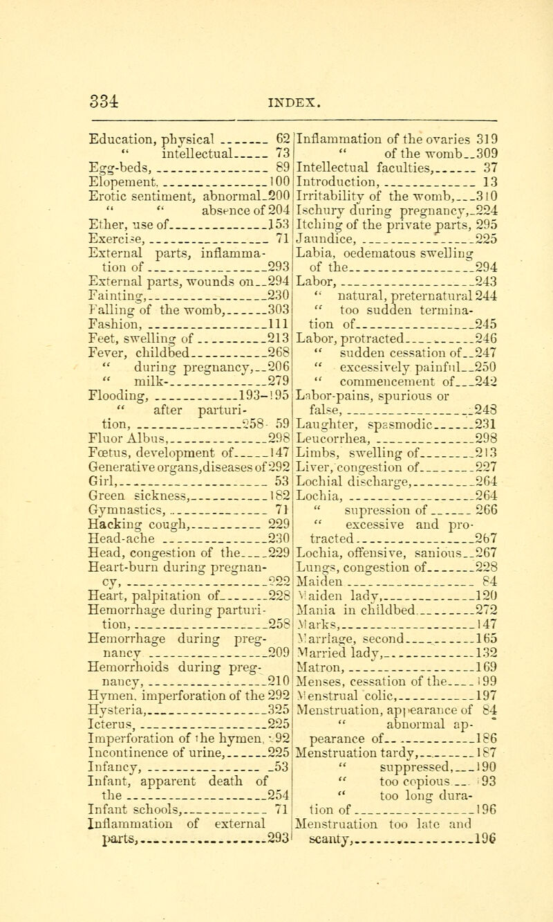 Education, physical 62  intellectual 73 Egg-beds, 89 Elopement 100 Erotic sentiment, abnormal_200   absence of 204 Ether, use of 153 Exercise, 71 External parts, inflamma- tion of 293 External parts, wounds on__294 Fainting, 230 Falling of the womb, 303 Fashion, 111 Feet, swelling of 213 Fever, childbed 268  during pregnancy,—206  milk- 279 Flooding, 193-195  after parturi- tion, 558- 59 Fluor Albus, 298 Fcetus, development of 147 Generative organs,diseases of 292 Girl, 53 Green sickness, 182 Gymnastics, 71 Hacking cough, 229 Head-ache 230 Head, congestion of the 229 Heart-burn during pregnan- cy, 922 Heart, palpitation of 228 Hemorrhage during parturi- tion, 258 Hemorrhage during preg- nancy 209 Hemorrhoids during preg- nancy, 210 Hvmen. imperforation of the 292 Hysteria, 325 Icterus, 225 Imperf oration of ihe hymen, \92 Incontinence of urine, 225 Infancy, _53 Infant, apparent death of the 254 Infant schools, 71 Inflammation of external parts, 293 Inflammation of the ovaries 319 of the womb__309 Intellectual faculties, 37 Introduction, 13 Irritability of the womb,___3l0 Ischury during pregnancy,_224 Itching of the private parts, 295 Jaundice, 225 Labia, oedematous swelling of the -294 Labor, 243 '' natural, preternatural 244  too sudden termina- tion of 245 Labor, protracted 246  sudden cessation of__247  excessively painful 250  commencement of 242 Labor-pains, spurious or false, __243 Laughter, spasmodic 231 Leucorrhea, 298 Limbs, swelling of 213 Liver/congestion of 227 Lochial discharge, 264 Lochia, 264  supression of 266  excessive and pro- tracted 267 Lochia, offensive, sanious__267 Lungs, congestion of 228 Maiden 84 Maiden lady, 120 Mania in childbed 272 Marks, 147 Marriage, second 165 Married lady, 132 Matron,.... 169 Menses, cessation of the 199 \ienstrual colic, 197 Menstruation, appearance of 84  abnormal ap- pearance of 186 Menstruation tardy, 187  suppressed, 190  too copious __- 93  too long dura- tion of 196 Menstruation too late and scanty,.. _ _196