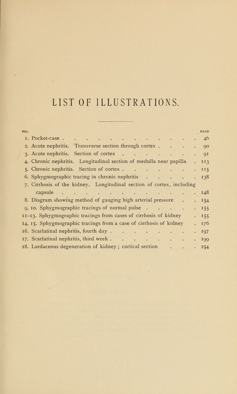 LIST OF ILLUSTRATIONS. FIG. PAGE 46 i. Pocket-case 2. Acute nephritis. Transverse section through cortex . 3. Acute nephritis. Section of cortex ...... 4. Chronic nephritis. Longitudinal section of medulla near papilla 5. Chronic nephritis. Section of cortex ........ 6. Sphygmographic tracing in chronic nephritis .... 7. Cirrhosis of the kidney. Longitudinal section of cortex, including capsule ........... 8. Diagram showing method of gauging high arterial pressure 9. 10. Sphygmographic tracings of normal pulse .... 11-13. Sphygmographic tracings from cases of cirrhosis of kidney 14, 15. Sphygmographic tracings from a case of cirrhosis of kidney 16. Scarlatinal nephritis, fourth day ....... 17. Scarlatinal nephritis, third week ....... 18. Lardaceous degeneration of kidney ; cortical section 90 91 113 115 138 148 154 155 155 176 197 199 254