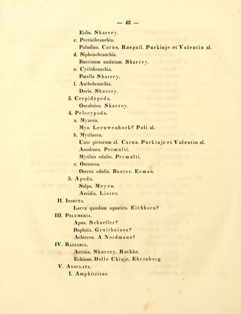— 43 — Eolis. Sharrey. c. Pectinibranchia. Paludina. Carus. Raspail. Purkinje et Valentin al. d. Siphonobranchia. Buccinum undatum. Sharrey. e. Cyclobranchia. Patella Sharrey. f. Anthobranchia. Doris. Sharrey. 3. Crepidopoda. Oscabrion. Sharrey. 4. Pelecypoda. a. Myacea. Mya. Leeuvvenhoek? Poli al. b. Mytilacea. Unio pictorum al. Carus. Purkinje et Valentin al. Anodonta. Permulti. Mvtilus edulis. Permulti. c. Ostracea. Ostrea edulis. Baster. Erman. 5. Apoda. Salpa. Meyen. Ascidia. Lister. II. Insecta. Larva qusedam aquatica. Eichhorn? III. POLYMERIA. Apus. Schaeffer? Daphnia. Gruithuisen? Achteres. A Nordmann? IV. Radiaria. Actinia. Sharrey. Rathke. Echinus. Del 1 e Chiaje. Ehrenberg. V. Anivulata.