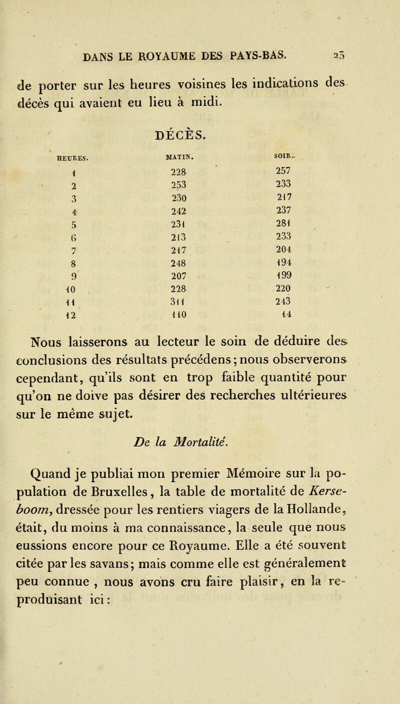 de porter sur les heures voisines les indications des décès qui avaient eu lieu à midi. DÉCÈS, HEURES. MATIN. SOIR. i 228 257 2 253 233 3 230 217 4- 242 237 5 23i 281 6 2J3 233 7 217 204 8 248 ^94 9 207 499 ^0 228 220 H 3H 243 U iiO 14 Nous laisserons au lecteur le soin de déduire des conclusions des résultats précédens ; nous observerons cependant, qu'ils sont en trop faible quantité pour qu'on ne doive pas désirer des recherches ultérieures sur le même sujet. De la Mortalité. Quand je publiai mon premier Mémoire sur la po- pulation de Bruxelles, la table de mortalité de Kerse- boom, dressée pour les rentiers viagers de la Hollande, était, du moins à ma connaissance, la seule que nous eussions encore pour ce Royaume. Elle a été souvent citée parles savans; mais comme elle est généralement peu connue , nous avons cru faire plaisir, en la re- produisant ici :