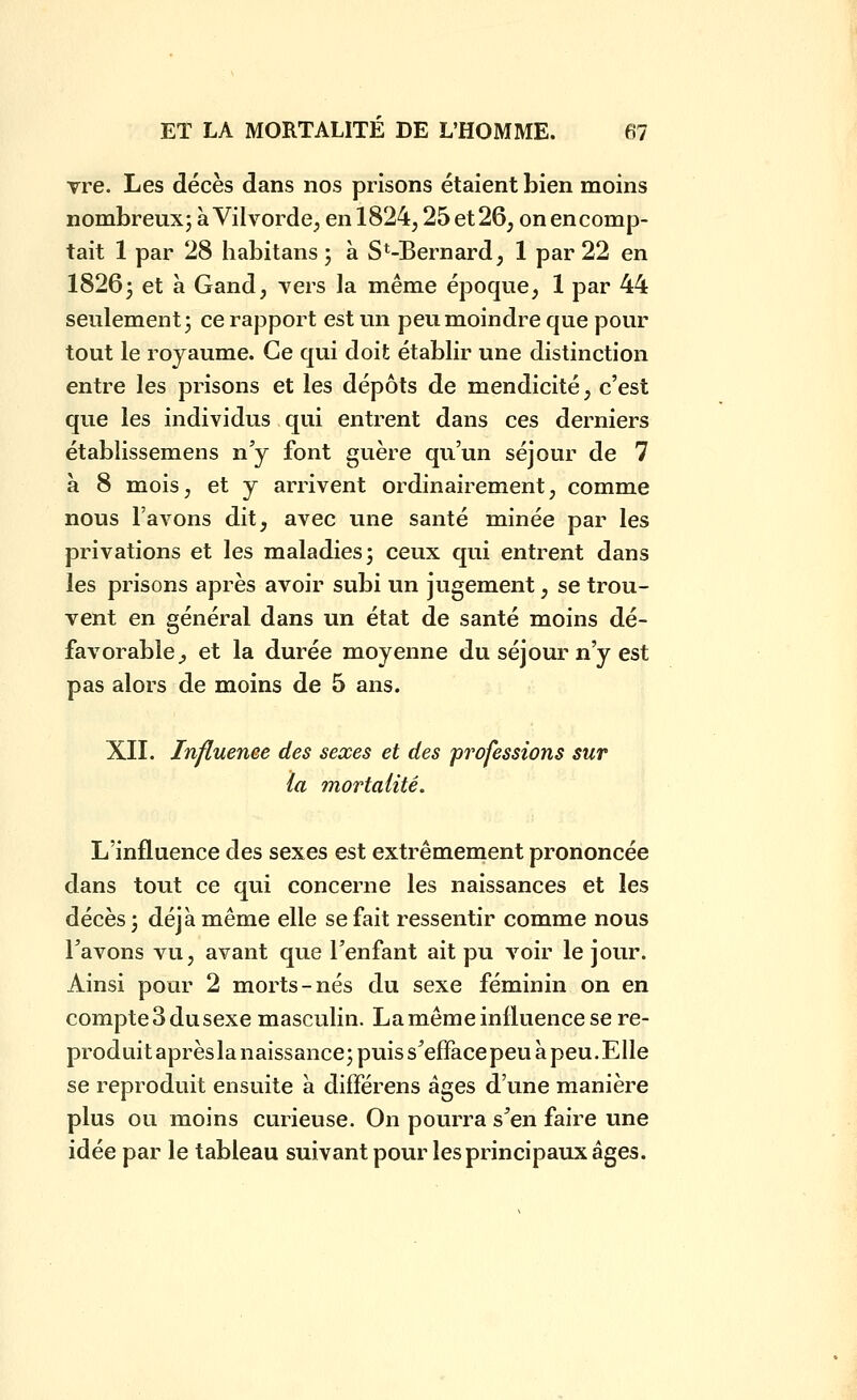 vre. Les décès dans nos prisons étaient bien moins nombreux; à Vilvorde, en 1824,25 et 26, on en comp- tait 1 par 28 habitans ; à S*-Bernard, 1 par 22 en I8263 et a Gand, vers la même époque, 1 par 44 seulement 3 ce rapport est un peu moindre que pour tout le royaume. Ce qui doit établir une distinction entre les prisons et les dépôts de mendicité, c'est que les individus qui entrent dans ces derniers établissemens n'y font guère qu'un séjour de 7 a 8 mois, et y arrivent ordinairement, comme nous l'avons dit, avec une santé minée par les privations et les maladies; ceux qui entrent dans les prisons après avoir subi un jugement, se trou- vent en général dans un état de santé moins dé- favorable ;, et la durée moyenne du séjourn'y est pas alors de moins de 5 ans. XII. Influence des sexes et des professions sur la mortalité. L'influence des sexes est extrêmement prononcée dans tout ce qui concerne les naissances et les décès; déjà même elle se fait ressentir comme nous l'avons vu, avant que l'enfant ait pu voir le jour. Ainsi pour 2 morts-nés du sexe féminin on en compte 3 du sexe masculin. La môme influence se re- produit aprèsla naissance; puis s'efface peu à peu. Elle se reproduit ensuite a différens âges d'une manière plus ou moins curieuse. On pourra s'en faire une idée par le tableau suivant pour les principaux âges.