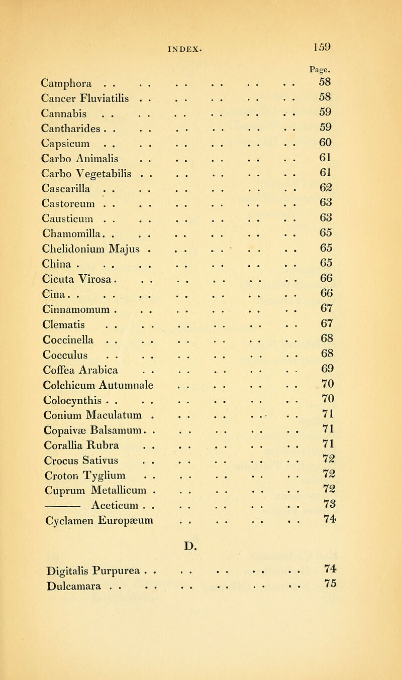 Page. Camphora . . 58 Cancei' Fluviatilis . . 58 Cannabis 59 Cantharides . . 59 Capsicum 60 Carbo Animalis 61 61 Cascarilla . . 62 Castoreum . . 63 Causticum . . 63 65 Chelidonium Majus . . . . . 65 65 Cicuta Virosa. 66 66 Cinnamomum . 67 Clematis 67 Coccinella . . 68 Cocculus 68 CofFea Arabica 69 70 Colocynthis . . 70 Conium Maculatum . 71 Copaivae Balsamum. . 71 71 Crocus Sativus 72 72 Cuprum MetalUcum . 72 Aceticum . . 73 Cyclamen Europseum 74 D. T^irrifjiliQ T^nvnnvpa .. .. •• •• • 74 1 J l^lLcLllO X. 141 IJL*1 ViC* •• •• •• •• • Dulcamara . . . . . . • • • • • • '^^