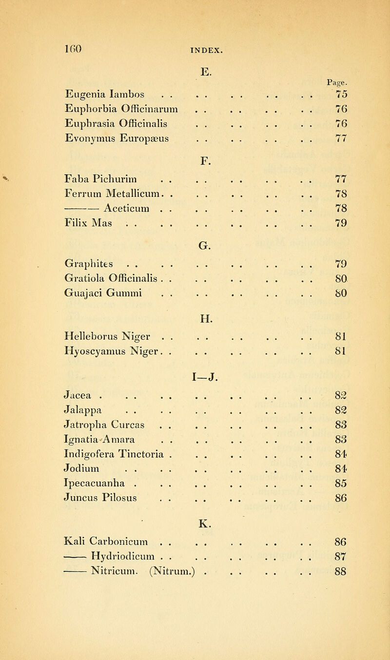 IGO E. Eugenia lambos . . Euphorbia Officinarum Euphrasia Officinalis Evonymus Europasus Page. 75 76 76 77 Faba Pichurim Ferrum Metallicum, Aceticum . Fihx Mas . . Graphites . . Gratiola Officinalis Guajaci Gummi Helleborus Niger . . Hyoscyamus Niger. . Jacea . Jalappa . . Jatropiia Curcas Ignatia-Amara Indigofera Tinctoria Jodium . . Ipecacuanha . Juncus Pilosus G. H. I-J. 77 78 78 79 79 80 80 81 81 82 82 83 84 84 85 86 K. Kali Carbonicum . . ■ Hydriodicum . . ■ Nitricum. (Nitrum.) 86 87 88