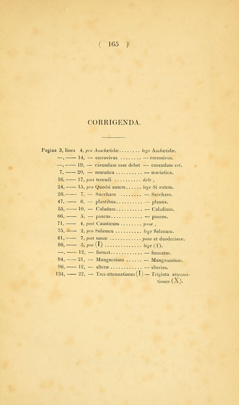 CORRIGENDA. Pagina 3, linea 4, pro Asaefoetidae lege Asafoetidae. —, 14, — corrovivus — corrosivus. —, 19, — cavendum esse debet — cavendum est. 7, 20, — muratica — muriatica. 16, 17, post terendi ,. dele , 24, 15, pro Quodsi autera lege Si autem. 26, 7, — Succharo —Saccliaro. 47, 8, — plantibus —• plantis. 55, 10, — Caladum — Caladium. 66, 5, — paucas — paucos. 71, 4, post Causticum p,>ne , 75, 2, pro Solamea lege Solanum. 81, 7, post nonse jmne et duodecimaj. 86, 5, pro (I) lege (1). —, —— 12, — format — formatiir. 94, 21, — Mangnesium — Manganesium. 96, 12, — alterse — allerius. 134, 22, — Tres attenuationes(l)—Triginta altenua- tiones (-?»-)•