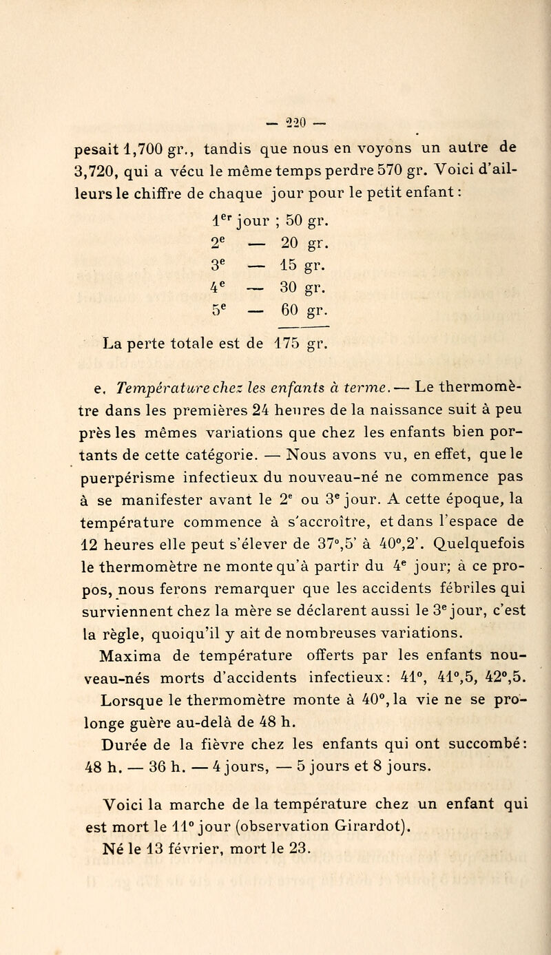 pesait 1,700 gr., tandis que nous en voyons un autre de 3,720, qui a vécu le même temps perdre 570 gr. Voici d'ail- leurs le chiffre de chaque jour pour le petit enfant : l^* jour ; 50 gr. 2^ _ 20 gr. 3e __ 15 gr. 4e __ 30 gr. 5e __ 60 gr. La perte totale est de 175 gr. e, Température chez les enfants à terme.— Le thermomè- tre dans les premières 24 heures de la naissance suit à peu près les mêmes variations que chez les enfants bien por- tants de cette catégorie. — Nous avons vu, en effet, que le puerpérisme infectieux du nouveau-né ne commence pas à se manifester avant le 2' ou S** jour. A cette époque, la température commence à s'accroître, et dans l'espace de 12 heures elle peut s'élever de 37°,5' à 40,2'. Quelquefois le thermomètre ne monte qu'à partir du 4^ jour; à ce pro- pos, nous ferons remarquer que les accidents fébriles qui surviennent chez la mère se déclarent aussi le 3^ jour, c'est la règle, quoiqu'il y ait de nombreuses variations. Maxima de température offerts par les enfants nou- veau-nés morts d'accidents infectieux: 41, 41*',5, 42°,5. Lorsque le thermomètre monte à 40°, la vie ne se pro- longe guère au-delà de 48 h. Durée de la fièvre chez les enfants qui ont succombé: 48 h. — 36 h. — 4 jours, — 5 jours et 8 jours. Voici la marche de la température chez un enfant qui est mort le 11° jour (observation Girardot). Né le 13 février, mort le 23.