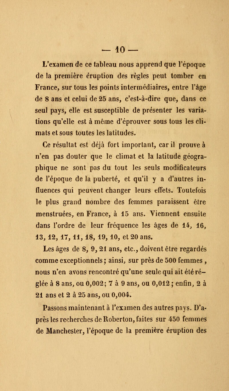 L'examen de ce tableau nous apprend que l'époque de la première éruption des règles peut tomber en France, sur tous les points intermédiaires, entre l'âge de 8 ans et celui de 25 ans, c'est-à-dire que, dans ce seul pays, elle est susceptible de présenter les varia- tions qu'elle est à même d'éprouver sous tous les cli- mats et sous toutes les latitudes. Ce résultat est déjà fort important, car il prouve à n'en pas douter que le climat et la latitude géogra- phique ne sont pas du tout les seuls modificateurs de l'époque de la puberté, et qu'il y a d'autres in- fluences qui peuvent changer leurs effets. Toutefois le plus grand nombre des femmes paraissent être menstruées, en France, à 15 ans. Viennent ensuite dans l'ordre de leur fréquence les âges de 14, 16, 13,12, 17,11, 18, 19, 10, et 20 ans. Les âges de 8, 9,21 ans, etc., doivent être regardés comme exceptionnels ; ainsi, sur près de 500 femmes , nous n'en avons rencontré qu'une seule qui ait été ré- glée à 8 ans, ou 0,002; 7 à 9 ans, ou 0,012 ; enfin, 2 à 21 ans et 2 à 25 ans, ou 0,004. Passons maintenant à l'examen des autres pays. D'a- près les recherches de Roberton, faites sur 450 femmes de Manchester, l'époque de la première éruption des