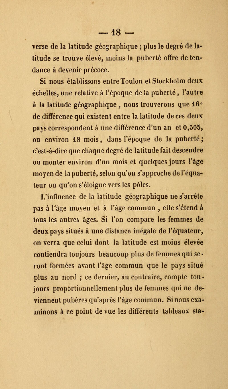 —18 — verse de la latitude géographique ; plus le degré de la- titude se trouve élevé, moins la puberté offre de tea- dance à devenir précoce. Si nous établissons entre Toulon et Stockholm deux échelles, une relative à l'époque delà puberté, l'autre à la latitude géographique, nous trouverons que 16° de différence qui existent entre la latitude de ces deux pays correspondent à une différence d'un an et 0,505, ou environ 18 mois, dans l'époque de la puberté ; c'est-à-dire que chaque degré de latitude fait descendre ou monter environ d'un mois et quelques jours l'âge moyen de la puberté, selon qu'on s'approche del'équa- teur ou qu'on s'éloigne vers les pôles. L'influence de la latitude géographique ne s'arrête pas à rage moyen et à l'âge commun , elle s'étend à tous les autres âges. Si l'on compare les femmes de deux pays situés à une distance inégale de l'équateur, on verra que celui dont la latitude est moins élevée contiendra toujours beaucoup plus de femmes qui se- ront formées avant l'âge commun que le pays situé plus au nord ; ce dernier, au contraire, compte tou- jours proportionnellement plus de femmes qui ne de- viennent pubères qu'après l'âge commun. Si nous exa- minons à ce point de vue les différents tableaux sla-