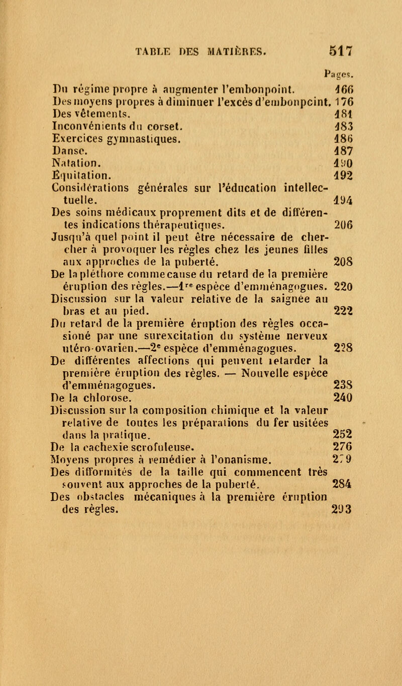 Pages. I)n régime propre à augmenter l'embonpoint. 466 Des moyens propres à diminuer l'excès d'embonpoint. 176 Des vêtements. d8t Inconvénients du corset. 483 Exercices gymnasliques. 48(i Danse. d87 Natation. 1^)0 Êfinilation. 192 Considérations générales sur l'éducation intellec- tuelle. 494 Des soins médicaux proprement dits et de différen- tes indications thérapeutiques. 206 Jusqu'à quel point il peut être nécessaire de cher- cher à provoquer les règles chez les jeunes filles aux approches de la puberté. 208 De la pléthore commecausedu retard de la première éruption des règles.—!■■« espèce d'emujénagogues. 220 Discussion sur la valeur relative de la saignée au bras et au pied. 222 Du retard de la première éruption des règles occa- sioné par une surexcitation du système nerveux utero ovarien.—2* espèce d'emménagogues. 2?8 De différentes affections qui peuvent lelarder la première éruption des règles. — Nouvelle espèce d'emménagogues. 238 De la chlorose. 240 Discussion sur la composition chimique et la valeur relative de toutes les préparations du fer usitées dans la pratique. 252 De la cachexie scrofuleuse. 276 Moyens propres à remédier à l'onanisme. 279 Des difformités de la taille qui commencent très souvent aux approches de la puberté. 284 Des obstacles mécaniques à la première éruption des règles. 203