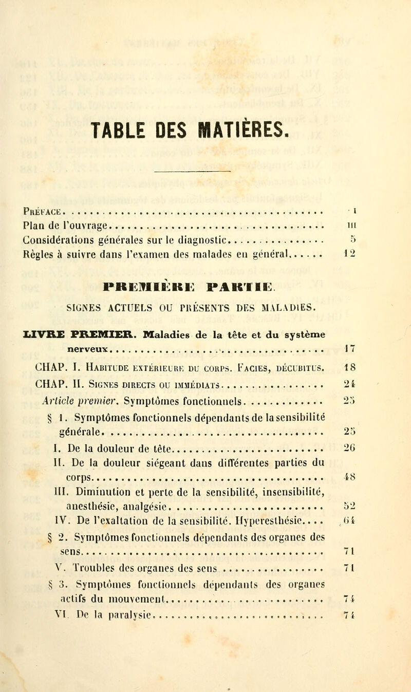 TABLE DES MATIÈRES. PllÉFAGE l Plan de l'ouvrage m Considérations générales sur le diagnostic 5 Règles à suivre dans l'examen des malades en général 12 PRElTIlÉKi: pak'iie: SIGNES ACTUELS OU PRÉSENTS DES MALADIES. IiIVRE PREMIER. Maladies de la tête et du système nerveux 17 CHAP. I. Habitude extérielrk du corps. Faciès, décubitus. 18 GHAP. II. Signes directs ou immédiats 24 Article premier. Symptômes fonctionnels 25 § 1. Symptômes fonctionnels dépendants de la sensibilité générale 25 I. De la douleur de tète 26 II. De la douleur siégeant dans différentes parties du corps iS III. Diminution et perle de la sensibilité, insensibilité, anesthésie, analgésie 52 IV. De l'exaltation de la sensibilité. Ilypereslhésie.... Gi § 2. Symptômes fonctionnels dépendants des organes des sens 71 V. Troubles des organes des sens 71 § 3. Symptômes fonctionuels dépendants des organes actifs du mouvement 7 i YI. De la paralysie ,,. 71