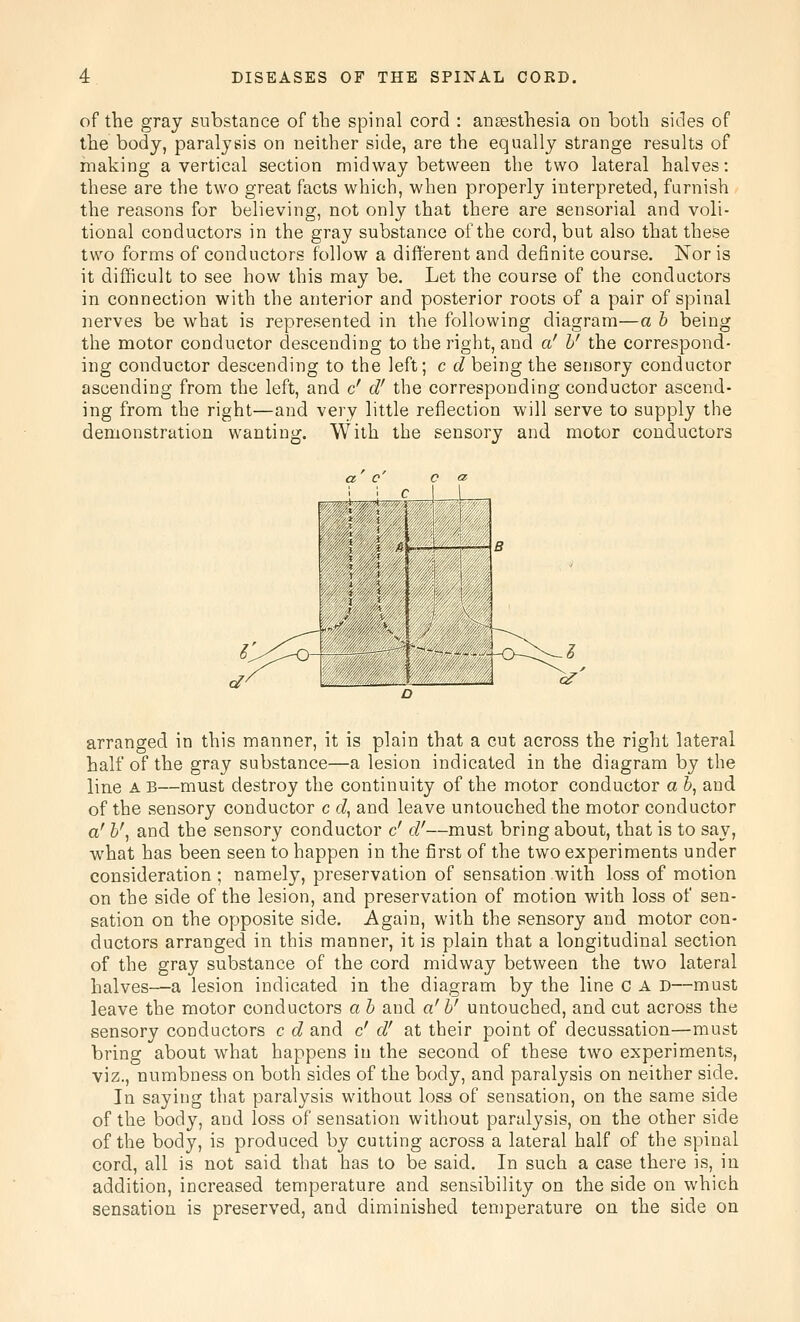 of the gray substance of the spinal cord : anaesthesia on both sides of the body, paralysis on neither side, are the equally strange results of making a vertical section midway between the two lateral halves: these are the two great facts which, when properly interpreted, furnish the reasons for believing, not only that there are sensorial and voli- tional conductors in the gray substance of the cord, but also that these two forms of conductors follow a different and definite course. Nor is it difficult to see how this may be. Let the course of the conductors in connection with the anterior and posterior roots of a pair of spinal nerves be what is represented in the following diagram—a h being the motor conductor descending to the right, and a' h' the correspond- ing conductor descending to the left; c d being the sensory conductor ascending from the left, and c' d' the corresponding conductor ascend- ing from the right—and very little reflection will serve to supply tlie demonstration wanting. With the sensory and motor conductors arranged in this manner, it is plain that a cut across the right lateral half of the gray substance—a lesion indicated in the diagram by the line A B—must destroy the continuity of the motor conductor a b, and of the sensory conductor c d, and leave untouched the motor conductor a' i', and the sensory conductor c' d'—must bring about, that is to say, what has been seen to happen in the first of the two experiments under consideration ; namely, preservation of sensation with loss of motion on the side of the lesion, and preservation of motion with loss of sen- sation on the opposite side. Again, with the sensory and motor con- ductors arranged in this manner, it is plain that a longitudinal section of the gray substance of the cord midway between the two lateral halves—a lesion indicated in the diagram by the line c A D—must leave the motor conductors a b and a' b' untouched, and cut across the sensory conductors c d and c' d' at their point of decussation—must bring about what happens in the second of these two experiments, viz., numbness on both sides of the body, and paralysis on neither side. In saying that paralysis without loss of sensation, on the same side of the body, and loss of sensation without paralysis, on the other side of the body, is produced by cutting across a lateral half of the spinal cord, all is not said that has to be said. In such a case there is, in addition, increased temperature and sensibility on the side on which sensation is preserved, and diminished temperature on the side on