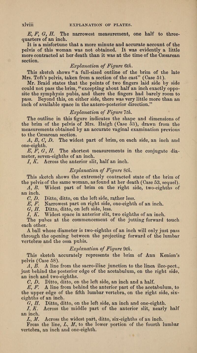 E, F, G, H. The narrowest measurement, one half to three- quarters of an inch. It is a misfortune that a more minute and accurate account of the pelvis of this woman was not obtained. It was evidently a little more contracted at her death than it was at the time of the Csesarean section. Explanation of Figure Qth. This sketch shows a full-sized outline of the brim of the late Mrs. Toft's pelvis, taken from a section of the cast (Case 51). Mr. Braid states that the points of two fingers laid side by side could not pass the brim, excepting about half an inch exactly oppo- site the symphysis pubis, and there the fingers had barely room to pass. Beyond this, on either side, there was very little more than an inch of available space in the antero-posterior direction. Explanation of Figure 1th. The outline in this figure indicates the shape and dimensions of the brim of the pelvis of Mrs. Haigh (Case 53), drawn from the measurements obtained by an accurate vaginal examination previous to the Csesarean section. ^, B, C, D. The widest part of brim, on each side, an inch and one-eighth. E, F, G, H. The shortest measurements in the conjugate dia- meter, seven-eighths of an inch. /, K. Across the anterior slit, half an inch. Explanation of Figure 8th. This sketch shows the extremely contracted state of the brim of the pelvis of the same woman, as found at her death (Case 53, sequel). A, B. Widest part of brim on the right side, two-eighths of an inch. (7, D. Ditto, ditto, on the left side, rather less. E, F. Narrowest part on right side, one-eighth of an inch. G, H. Ditto, ditto, on left side, less. /, K. Widest space in anterior slit, two eighths of an inch. The pubes at the commencement of the jutting forward touch each other. A ball whose diameter is two-eighths of an inch will only just pass through the opening between the projecting forward of the lumbar vertebrae and the ossa pubis. Explanation of Figure 9th. This sketch accurately represents the brim of Ann Kenion's pelvis (Case 58). A, B. A line from the sacro-iliac junction to the linea ileo-pect., just behind the posterior edge of the acetabulum, on the right side, an inch and two-eighths. C, D. Ditto, ditto, on the left side, an inch and a half. E, F. A line from behind the anterior part of the acetabulum, to the upper edge of the fifth lumbar vertebra, on the right side, six- eighths of an inch. G, H. Ditto, ditto, on the left side, an inch and one-eighth. /, /{. Across the middle part of the anterior slit, nearly half an inch. Z, M. Across the widest part, ditto, six-eighths of an inch. From the line, Z/, J/, to the lower portion of the fourth lumbar vertebra, an inch and one-eighth.