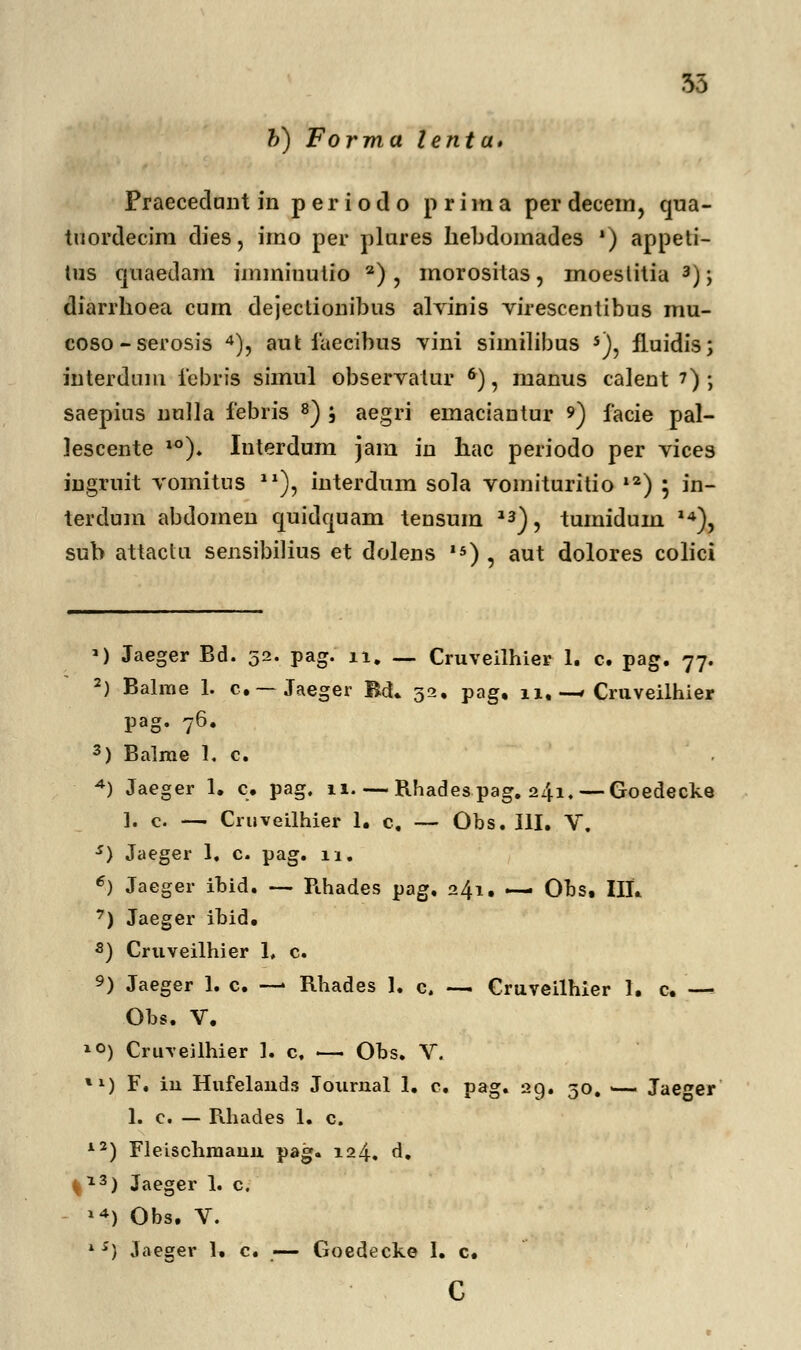 55 b) Forma lenta* Fraecedant in periodo priina perdecem, qua- tuordecim dies, imo per plares kebdomades ') appeti- tus qnaedam imminutio 2) , morositas, moeslitia 3); diarrhoea cum dejectionibus alvinis virescentibus mu- coso-serosis 4), aut faecibus vini similibus s), fluidis; interdam febris simul observatur &), manus calent 7); saepius nulla febris 8) ; aegri emaciantur 9) facie pal- lescente vo), Iuterdum jam in hac periodo per vices ingruit vomitus ai), interdum sola vomituritio 12) ; in- terdum abdomen quidquam tensum a3), tumidum 14), sub attactu sensibilius et dolens 15) , aut dolores colici ») Jaeger Bd. 52. pag. 11. — Cruveilhier 1. c. pag. 77. 2) Balme 1. c — Jaeger Bd. 32. pag. 11. —> Cruveilhier pag. 76. 3) Balrae 1. c. 4) Jaeger 1. c. pag. 11 Rhadespag. 241. — Goedecke ]. c. — Cruveilhier 1. c, — Obs. III. V. •*) Jaeger 1. c. pag. 11. €) Jaeger ibid. — Pthades pag. 241. — Ohs, III. 7) Jaeger ibid. s) Cruveilhier 1, c. 9) Jaeger 1. c. — Rhades 1. c, — Cruveilhier 1. c. — Obs. V. l°) Cruveilhier 1. c, — Obs. V. tl) F. in Hufelands Journal 1. c. pag. 29. 50. ■— Jaeger 1. c. — Rhades 1. c. 12) Fleischmauu pag. 124. d. ^ a3) Jaeger 1. c. l4) Obs. V.