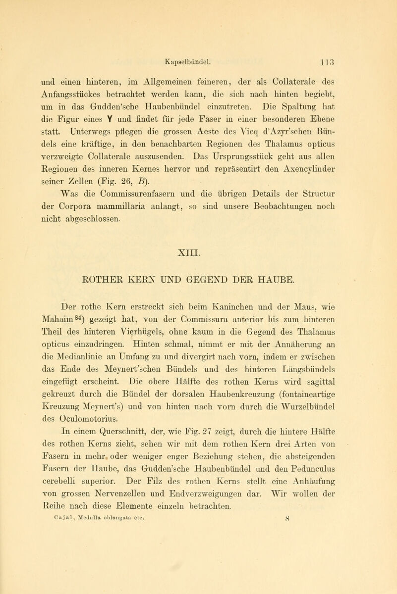 und einen hinteren, im Allgemeinen feineren, der als Collaterale des Anfangsstückes betrachtet werden kann, die sich nach hinten hegiebt, um in das Gudden'sche Haubenbündel einzutreten. Die Spaltung hat die Figur eines Y und findet für jede Faser in einer besonderen Ebene statt. Unterwegs pflegen die grossen Aeste des Vicq d'Azyr'schen Bün- dels eine kräftige, in den benachbarten Regionen des Thalamus opticus verzweigte Collaterale auszusenden. Das Ursprungsstück geht aus allen Regionen des inneren Kernes hervor und repräsentirt den Axencylinder seiner Zellen (Fig. 26, B). Was die Commissurenfasern und die übrigen Details der Structur der Corpora mammillaria anlangt, so sind unsere Beobachtungen noch nicht abgeschlossen. XIII. BOTHER KERN UND GEGEND DER HAUBE. Der rothe Kern erstreckt sich beim Kaninchen und der Maus, wie Mahaim^^) gezeigt hat, von der Commissura anterior bis zum hinteren Theil des hinteren Vierhügels, ohne kaum in die Gegend des Thalamus opticus einzudringen. Hinten schmal, nimmt er mit der Annäherung an die Medianlinie an Umfang zu und divergirt nach vom, indem er zwischen das Ende des Meynert'schen Bündels und des hinteren Längsbündels eingefügt erscheint. Die obere Hälfte des rothen Kerns wird sagittal gekreuzt durch die Bündel der dorsalen Haubenkreuzung (fontaineartige Kreuzung Meynert's) und von hinten nach vorn durch die Wurzelbündel des Oculomotorius. In einem Querschnitt, der, wie Fig. 27 zeigt, durch die hintere Hälfte des rothen Kerns zieht, sehen wir mit dem rothen Kern drei Arten von Fasern in mehr oder weniger enger Beziehung stehen, die absteigenden Fasern der Haube, das Gudden'sche Haubenbündel und den Pedunculus cerebelli superior. Der Filz des rothen Kerns stellt eiae Anhäufung von grossen Nervenzellen und Endverzweigungen dar. Wir wollen der Reihe nach diese Elemente einzeln betrachten. Cajal-, MeduUa oblongata etc. g