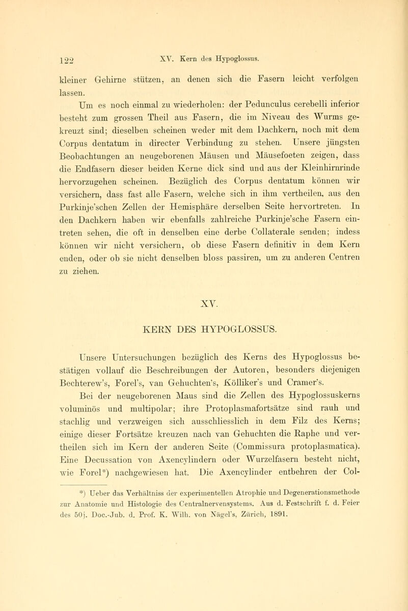 kleiner Gehirne stützen, an denen sich die Fasern leicht verfolgen lassen. Um es noch einmal zu wiederholen: der Pedunculus cerebelli inferior besteht zum grossen Theil aus Fasern, die im Niveau des Wurms ge- kreuzt smd; dieselben scheinen weder mit dem Dachkern, noch mit dem Corpus dentatum in directer Verbindung zu stehen. Unsere jüngsten Beobachtungen an neugeborenen Mäusen und Mäusefoeten zeigen, dass die Endfasern dieser beiden Kerne dick sind und aus der Kleinhirnrinde hervorzugehen scheinen. Bezüglich des Corpus dentatum können wir versichern, dass fast alle Fasern, welche sich in ihm vertheilen, aus den Purkinje'schen Zellen der Hemisphäre derselben Seite hervortreten. In den Dachkern haben wir ebenfalls zahlreiche Purkinje'sche Fasern ein- treten sehen, die oft in denselben eine derbe Collaterale senden; indess können wir nicht versichern, ob diese Fasern definitiv in dem Kern enden, oder ob sie nicht denselben bloss passiren, um zu anderen Centren zu ziehen. XV. KERN DES HYPOGLOSSUS. Unsere Untersuchungen bezüglich des Kerns des Hypoglossus be- stätigen vollauf die Beschreibungen der Autoren, besonders diejenigen Bechterew's, Forel's, van Gehuchten's, Kölliker's und Cramers. Bei der neugeborenen Maus sind die Zellen des Hypoglossuskerns volumiaös und multipolar; ihre Protoplasmafortsätze sind rauh und stachlig und verzweigen sich ausschliesslich in dem Filz des Kerns; einige dieser Fortsätze kreuzen nach van Gebuchten die Eaphe und ver- theilen sich im Kern der anderen Seite (Commissura protoplasmatica). Eine Decussation von Axencylindern oder Wurzelfasem besteht nicht, wie Forel*) nachgewiesen hat. Die Axencylinder entbehren der Col- *) lieber das Verhältniss der experimentellen Atrophie und Degenerationsmethode zur Anatomie und Histologie des Centralnervensystems. Aus d. Festschrift f. d. Feier des 50j. Doc.-Jub. d. Prof. K. Wilh. von Nägel's, Zürich, 1891.