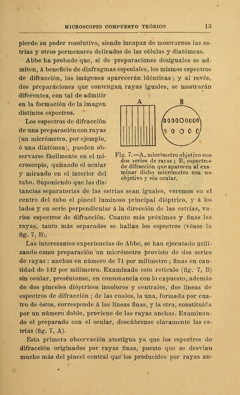 pierde su poder resolutivo, siendo incapaz de mostrarnos las es- trías y otros pormenores delicados de las células y diatómeas. Abbe ha probado que, si de preparaciones desiguales se ad- miten, á beneficio de diafragmas especiales, los mismos espectros de difracción, las imágenes aparecerán idénticas ; y al revés, dos preparaciones que contengan rayas iguales, se mostrarán diferentes, con tal de admitir en la formación de la imagen distintos espectros. Los espectros de difracción de una preparación con rayas (un micrómetro, por ejemplo, ó una diatómea), pueden ob- servarse fácilmente en el mi- croscopio, quitando el ocular y mirando en el interior del tubo. Suponiendo que las dis- A Fig. 7,—A, micrómetro objetivo con dos series de rayas ; B, espectros- de difracción que aparecen al exa- minar dicho micrómetro con nit objetivo y sin ocular. tancias separatorias de las estrías sean iguales, veremos ei) el centro del tubo el pincel luminoso principal dióptrico, y á Ios- lados y en serie perpendicular á la dirección de las estrías, va- rios espectros de difracción. Cuanto más próximas y finas las- rayas, tanto más separados se hallan los espectros (véase la fig. 7, B). Las interesantes experiencias de Abbe, se han ejecutado utili- zando como preparación un micrómetro provisto de dos series de rayas : anchas en número de 71 por milímetro ; finas en can- tidad de 142 por milímetro. Examinado este retículo (fig. 7, B) sin ocular, preséntanse, en consonancia con lo expuesto, además de dos pinceles dióptricos incoloros y centrales, dos líneas de espectros de difracción ; de las cuales, la una, formada por cua- tro de éstos, corresponde á las líneas finas, y la otra, constituida por un número doble, proviene de las rayas anchas. Examinan- do el preparado con el ocular, descúbrense claramente las es- trías (fig. 7, A). Esta primera observación atestigua ya que los espectros de difracción originados por rayas finas, puesto que se desvían mucho más del pincel central que los producidos por rayas an-