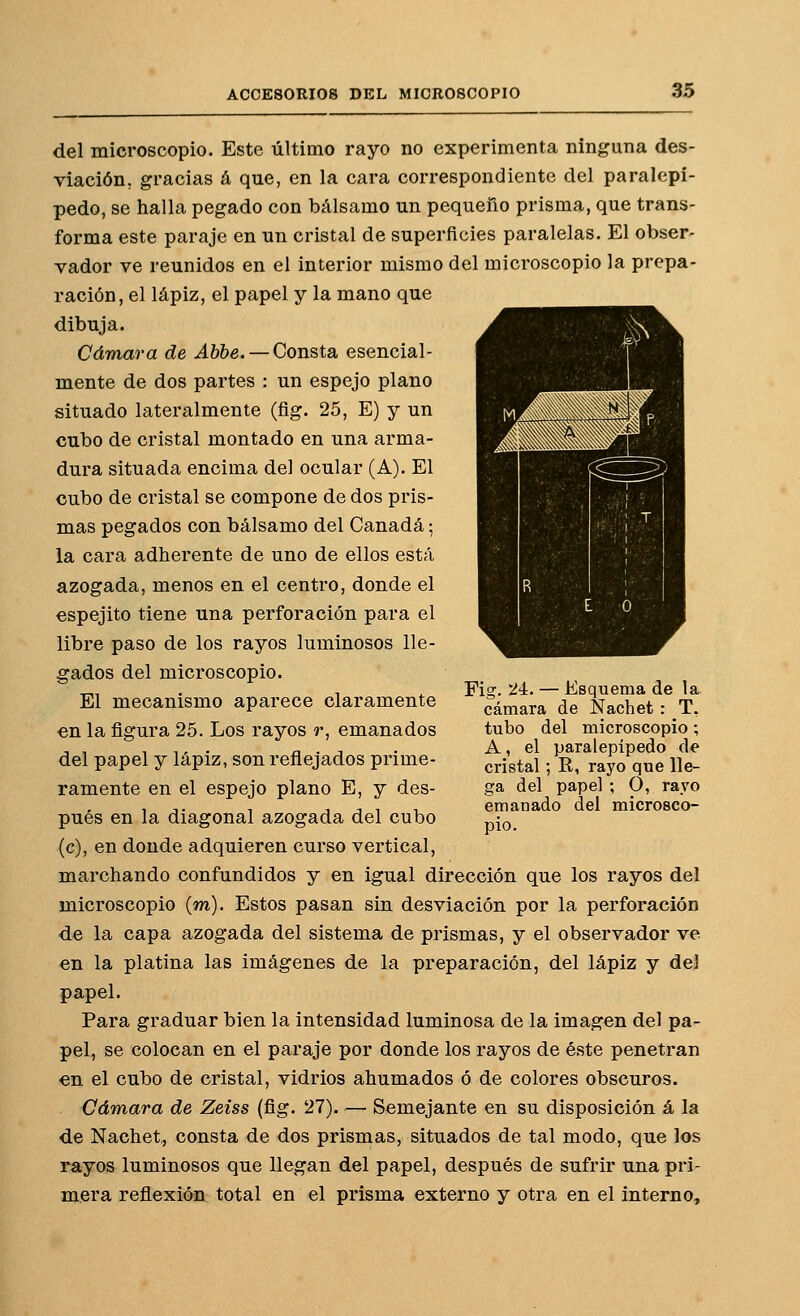 del microscopio. Este último rayo no experimenta ninguna des- viación, gracias á que, en la cara correspondiente del paralepí- pedo, se halla pegado con bálsamo un pequeño prisma, que trans- forma este paraje en un cristal de superficies paralelas. El obser- vador ve reunidos en el interior mismo del microscopio la prepa- ración, el lápiz, el papel y la mano que dibuja. Cámara de Abbe. — Consta esencial- mente de dos partes : un espejo plano situado lateralmente (ñg. 25, E) y un cubo de cristal montado en una arma- dura situada encima del ocular (A). El cubo de cristal se compone de dos pris- mas pegados con bálsamo del Canadá; la cara adherente de uno de ellos está azogada, menos en el centro, donde el espejito tiene una perforación para el libre paso de los rayos luminosos lle- gados del microscopio. El mecanismo aparece claramente en la figura 25. Los rayos r, emanados del papel y lápiz, son reflejados prime- ramente en el espejo plano E, y des- pués en la diagonal azogada del cubo (c), en donde adquieren curso vertical, marchando confundidos y en igual dirección que los rayos del microscopio (m). Estos pasan sin desviación por la perforación de la capa azogada del sistema de prismas, y el observador ve en la platina las imágenes de la preparación, del lápiz y dej papel. Para graduar bien la intensidad luminosa de la imagen del pa- pel, se colocan en el paraje por donde los rayos de éste penetran en el cubo de cristal, vidrios ahumados ó de colores obscuros. Cámara de Zeiss {ñg. 27). — Semejante en su disposición á la de Nachet, consta de dos prismas, situados de tal modo, que los rayos luminosos que llegan del papel, después de sufrir una pri- mera reflexión: total en el prisma externo y otra en el interno. Fig. ¿í. — Esquema de la cámara de Nachet: T. tubo del microscopio -, A, el paralepípedo de cristal; R, rayo que lle- ga del papel ; O, rayo emanado del microsco- pio.