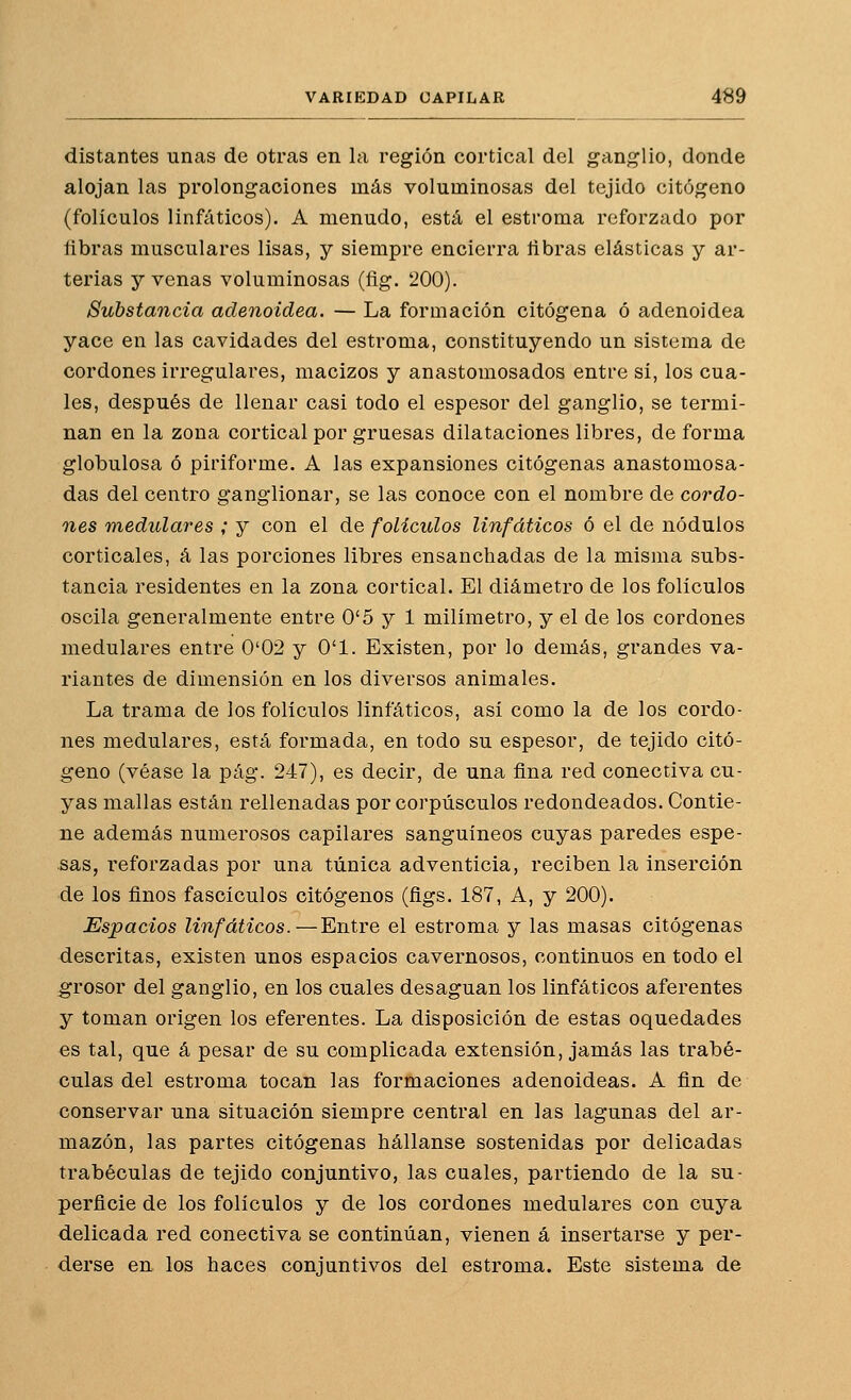 distantes unas de otras en la región cortical del ganglio, donde alojan las prolongaciones más voluminosas del tejido citógeno (folículos linfáticos). A menudo, está el estroma reforzado por ñbras musculares lisas, y siempre encierra libras elásticas y ar- terias y venas voluminosas (flg. 200). Substancia adenoidea. — La formación citógena ó adenoidea yace en las cavidades del estroma, constituyendo un sistema de cordones irregulares, macizos y anastomosados entre si, los cua- les, después de llenar casi todo el espesor del ganglio, se termi- nan en la zona cortical por gruesas dilataciones libres, deforma globulosa ó piriforme. A las expansiones citógenas anastomosa- das del centro ganglionar, se las conoce con el nombre de cordo- nes medulares ; y con el de folículos linfáticos ó el de nodulos corticales, á las porciones libres ensanchadas de la misma subs- tancia residentes en la zona cortical. El diámetro de los folículos oscila generalmente entre 0'5 y 1 milímetro, y el de los cordones medulares entre 0'02 y O'l. Existen, por lo demás, grandes va- riantes de dimensión en los diversos animales. La trama de los folículos linfáticos, así como la de los cordo- nes medulares, está formada, en todo su espesor, de tejido citó- geno (véase la pág. 247), es decir, de una fina red conectiva cu- yas mallas están rellenadas por corpúsculos redondeados. Contie- ne además numerosos capilares sanguíneos cuyas paredes espe- sas, reforzadas por una túnica adventicia, reciben la inserción de los finos fascículos citógenos (figs. 187, A, y 200). Espacios linfáticos.—Entre el estroma y las masas citógenas descritas, existen unos espacios cavernosos, continuos en todo el grosor del ganglio, en los cuales desaguan los linfáticos aferentes y toman origen los eferentes. La disposición de estas oquedades es tal, que á pesar de su complicada extensión, jamás las trabé- culas del estroma tocan las formaciones adenoideas. A fin de conservar una situación siempre central en las lagunas del ar- mazón, las partes citógenas hállanse sostenidas por delicadas trabécuias de tejido conjuntivo, las cuales, partiendo de la su- perficie de los folículos y de los cordones medulares con cuya delicada red conectiva se continúan, vienen á insertarse y per- derse en los haces conjuntivos del estroma. Este sistema de