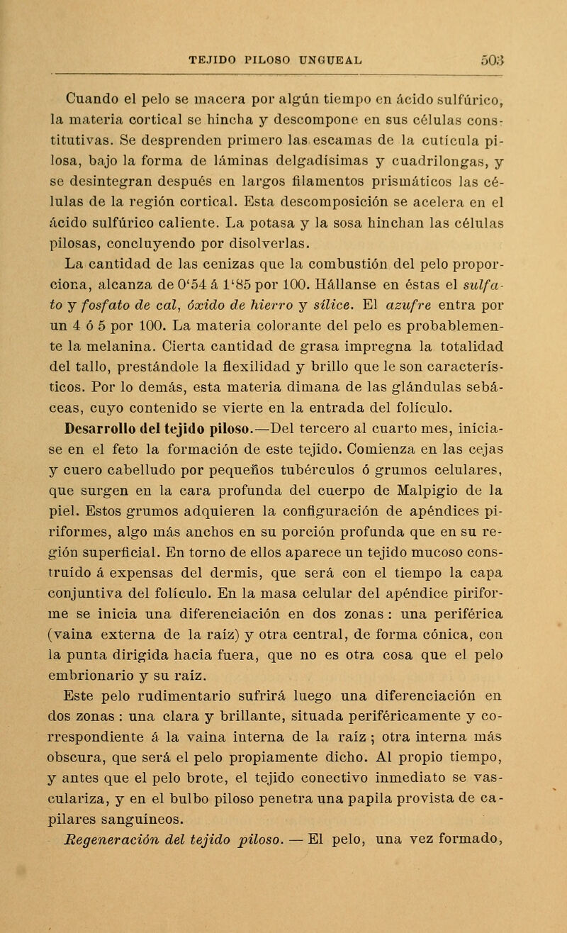 Cuando el pelo se macera por algún tiempo en ácido sulfúrico, la materia cortical so hincha y descompone en sus células cons- titutivas. Se desprenden primero las escamas de la cutícula pi- losa, bajo la forma de láminas delgadísimas y cuadrilongas, y se desintegran después en largos filamentos prismáticos las cé- lulas de la región cortical. Esta descomposición se acelera en el ácido sulfúrico caliente. La potasa y la sosa hinchan las células pilosas, concluyendo por disolverlas. La cantidad de las cenizas que la combustión del pelo propor- ciona, alcanza de 0'54 á 1'85 por 100. Hállanse en éstas el sulfa- to y fosfato de cal, óxido de hierro y sílice. El azufre entra por un 4 ó 5 por 100. La materia colorante del pelo es probablemen- te la melanina. Cierta cantidad de grasa impregna la totalidad del tallo, prestándole la flexilidad y brillo que le son caracterís- ticos. Por lo demás, esta materia dimana de las glándulas sebá- ceas, cuyo contenido se vierte en la entrada del folículo. Desarrollo del tejido piloso.—Del tercero al cuarto mes, inicia- se en el feto la formación de este tejido. Comienza en las cejas y cuero cabelludo por pequeños tubérculos ó grumos celulares, que surgen en la cara profunda del cuerpo de Malpigio de la piel. Estos grumos adquieren la configuración de apéndices pi- riformes, algo más anchos en su porción profunda que en su re- gión superficial. En torno de ellos aparece un tejido mucoso cons- truido á expensas del dermis, que será con el tiempo la capa conjuntiva del folículo. En la masa celular del apéndice pirifor- me se inicia una diferenciación en dos zonas : una periférica (vaina externa de la raíz) y otra central, de forma cónica, con la punta dirigida hacia fuera, que no es otra cosa que el pelo embrionario y su raíz. Este pelo rudimentario sufrirá luego una diferenciación en dos zonas : una clara y brillante, situada periféricamente y co- rrespondiente á la vaina interna de la raíz ; otra interna más obscura, que será el pelo propiamente dicho. Al propio tiempo, y antes que el pelo brote, el tejido conectivo inmediato se vas- culariza, y en el bulbo piloso penetra una papila provista de ca- pilares sanguíneos. Regeneración del tejido piloso. — El pelo, una vez formado,