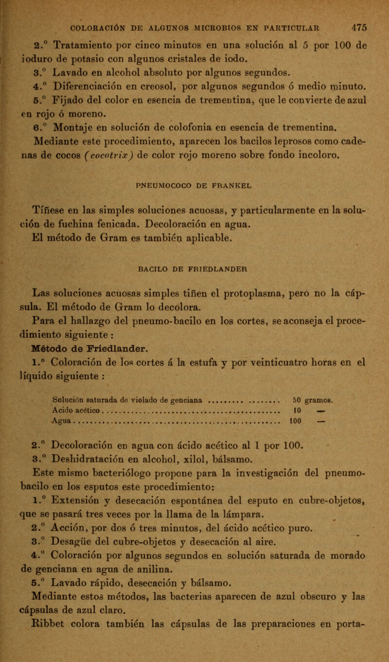 2.° Tratamieüto por cinco minutos en una solución al 5 por 100 de ioduro de potasio con algunos cristales de iodo. 3.^ Lavado en alcohol absoluto por algunos segundos. 4.° Diferenciación en creosol, por algunos segundos ó medio minuto. 6.*^ Fijado del color en esencia de trementina, que le convierte de azul en rojo ó moreno. 6.° Montaje en solución de colofonia en esencia de trementina. Mediante este procedimiento, aparecen los bacilos leprosos como cade- nas de cocos (cocotrix) de color rojo moreno sobre fondo incoloro. PNEUMOCOCO DE FRANKEL Tíñese en las simples soluciones acuosas, y particularmente en la solu- ción de fuchina fenicada. Decoloración en agua. El método de Gram es tambiéri aplicable. BACILO DE FRIEDLANDER Las soluciones acuosas simples tiñen el protoplasma, pero no la cáp- sula. El método de Gram lo decolora. Para el hallazgo del pneumo-bacilo en los cortes, se aconseja el proce- dimiento siguiente : Método de Friedlander. 1.° Coloración de los cortes á la estufa y por veinticuatro horas en el líquido siguiente : Solución saturada de violado de genciana 50 gramos. Acido acético 10 ^ Agua 100 — 2.° Decoloración en agua con ácido acético al 1 por 100. 3.** Deshidratación en alcohol, xilol, bálsamo. Este mismo bacteriólogo propone para la investigación del pneumo- bacilo en los esputos este procedimiento: 1.° Extensión y desecación espontánea del esputo en cubre-objetos, que se pasará tres veces por la llama de la lámpara. 2.° Acción, por dos ó tres minutos, del ácido acético puro. 3.° Desagüe del cubre-objetos y desecación al aire. 4. Coloración por algunos segundos en solución saturada de morado de genciana en agua de anilina. 5.° Lavado rápido, desecación y bálsamo. Mediante estoa métodos, las bacterias aparecen de azul obscuro y las cápsulas de azul claro. Ribbet colora también las cápsulas de las preparaciones en porta-
