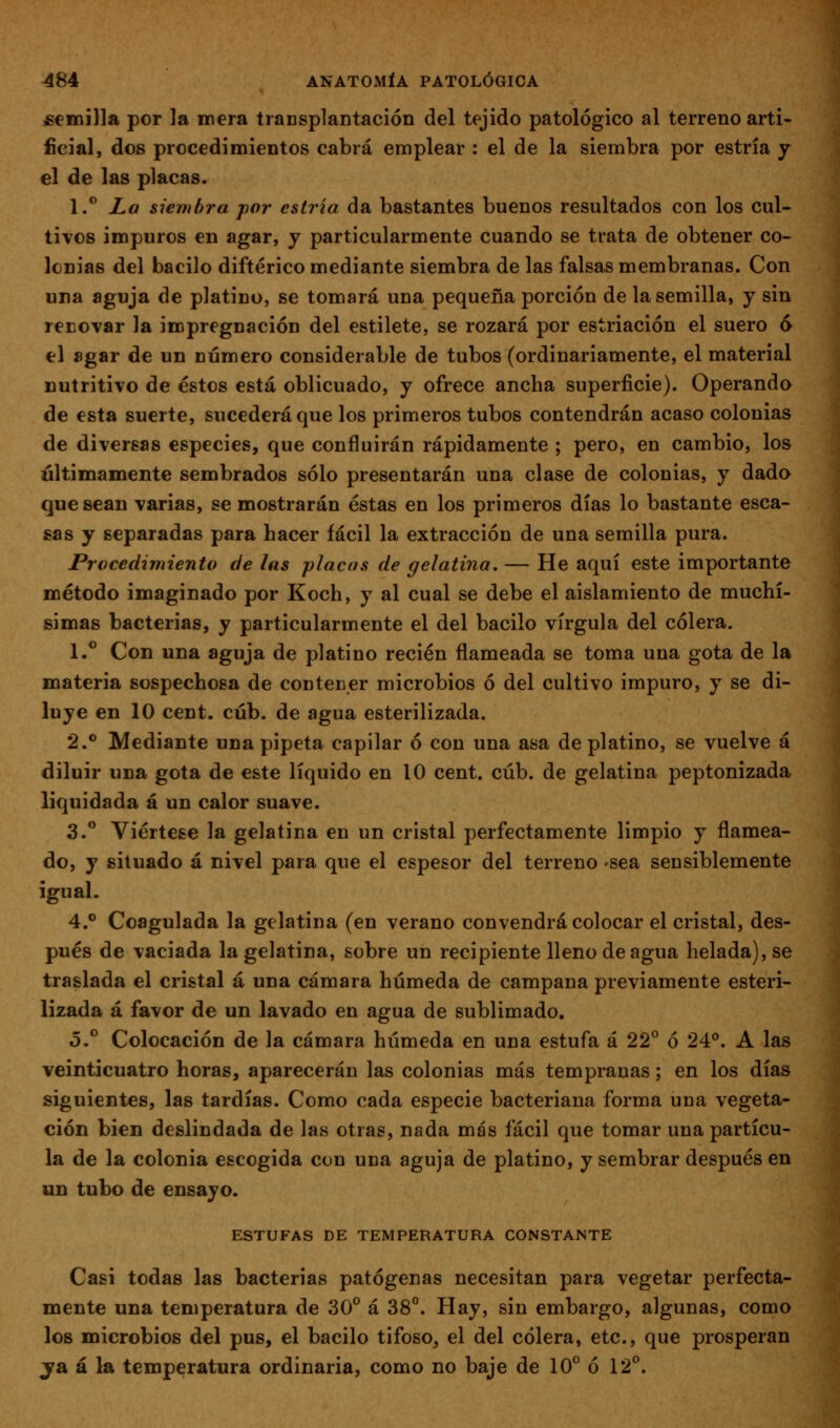 peinilla por la mera transplantación del tejido patológico al terreno arti- ficial, dos procedimientos cabrá emplear : el de la siembra por estría y el de las placas. 1/ Lo siembra por estría da bastantes buenos resultados con los cul- tivos impuros en agar, j particularmente cuando se trata de obtener co- lonias del bacilo diftérico mediante siembra de las falsas membranas. Con «na aguja de platino, se tomará una pequeña porción de la semilla, y sin recovar la impregnación del estilete, se rozará por estriación el suero ó el «gar de un número considerable de tubos (ordinariamente, el material nutritivo de éstos está oblicuado, j ofrece ancha superficie). Operando de esta suerte, sucederá que los primeros tubos contendrán acaso colonias de diversas especies, que confluirán rápidamente ; pero, en cambio, los últimamente sembrados sólo presentarán una clase de colonias, y dado quesean varias, se mostrarán éstas en los primeros días lo bastante esca- «as y separadas para hacer fácil la extracción de una semilla pura. Procedimiento de las placas de gelatina. — He aquí este importante método imaginado por Koch, y al cual se debe el aislamiento de muchí- simas bacterias, y particularmente el del bacilo vírgula del cólera. 1.** Con una aguja de platino recién flameada se toma una gota de la materia sospechosa de contener microbios ó del cultivo impuro, y se di- luye en 10 cent. cúb. de agua esterilizada. 2.*^ Mediante una pipeta capilar ó con una asa de platino, se vuelve á diluir una gota de este líquido en 10 cent. cúb. de gelatina peptonizada liquidada á un calor suave. 3.** Viértese la gelatina en un cristal perfectamente limpio y flamea- do, y situado á nivel para que el espesor del terreno «sea sensiblemente igual. 4.° Coagulada la gelatina (en verano convendrá colocar el cristal, des- pués de vaciada la gelatina, sobre un recipiente lleno de agua helada), se traslada el cristal á una cámara húmeda de campana previamente esteri- lizada á favor de un lavado en agua de sublimado. o.^ Colocación de la cámara húmeda en una estufa á 22° ó 24°. A las veinticuatro horas, aparecerán las colonias más tempranas; en los días siguientes, las tardías. Como cada especie bacteriana forma una vegeta- ción bien deslindada de las otras, nada más fácil que tomar una partícu- la de la colonia escogida con una aguja de platino, y sembrar después en un tubo de ensayo. ESTUFAS DE TEMPERATURA CONSTANTE Casi todas las bacterias patógenas necesitan para vegetar perfecta- mente una temperatura de 30° á 38°. Hay, sin embargo, algunas, como los microbios del pus, el bacilo tifoso, el del cólera, etc., que prosperan ja á la temperatura ordinaria, como no baje de 10° ó 12°.