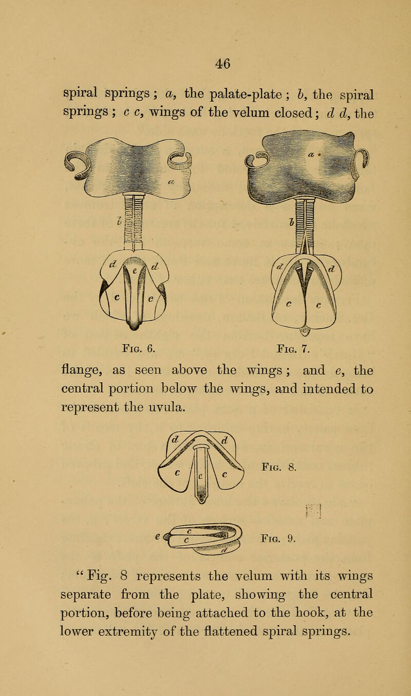 spiral springs; a, the palate-plate ; h, the spiral springs ; c c, wings of the velum closed; d d, the Fig. 6. Fig. 7. flange, as seen above the wings; and e, the central portion below the wings, and intended to represent the uvula. Fig. 8. Fig. 9.  Fig. 8 represents the velum with its wings separate from the plate, showing the central portion, before being attached to the hook, at the lower extremity of the flattened spiral springs.