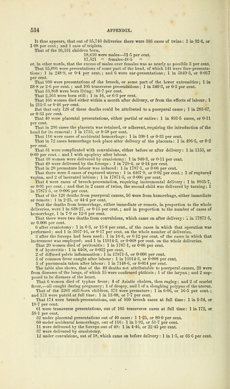 It thus appears, that out of 35,743 deliveries there were 386 cases of twins: 1 in 92-6, or 1-08 per cent; and 1 case of triplets. That of the 36,131 children born, 18,610 were males—51-5 per cent. 17,521  females-48-5 or, in other words, that the excess of males over females was as nearly as possible 3 per cent. That 35,096 were presentations of some part of the head, of which 141 were face-presenta- tions : 1 in 248-9, or 0-4 per cent.; and 6 were ear-presentations; 1 in 5849-3, or 0-017 per cent. That 930 were presentations of the breech, or some part of the lower extremities; 1 in 38-8 or 2-6 per cent. ; and 105 transverse presentations ; 1 in 340-3, or 0-3 per cent. That 33,868 were born living: 93-7 per cent. That 2,263 were born still; 1 in 16, or 6-3 per cent. That 166 women died either within a month after delivery, or from the effects of labour; 1 in 215-3 or 0-46 per cent. But that only 126 of these deaths could be attributed to a puerperal cause ; 1 in 283-67, or 0-33 per cent. That 40 were placental presentations, either partial or entire: 1 in 893-5 cases, or 0-11 per cent. That in 206 cases the placenta was retained, or adherent, requiring the introduction of the hand for its removal: 1 in 1735, or 0-58 per cent. That 116 were cases of accidental hemorrhage : 1 in 308-1 or 0-33 per cent. That in 72 cases hemorrhage took place after delivery of the placenta: 1 in 496-5, or 0-2 per cent. That 31 were complicated with convulsions, either before or after delivery: 1 in 1153, or 0-09 per cent.: and 1 with apoplexy after labour. That 38 women were delivered by craniotomy: 1 in 940-3, or 0-11 per cent. That 49 were delivered by the forceps : 1 in 729-4, or 0-14 per cent. That in 20 premature labour was induced: 1 in 1787-1, or 0-06 per cent. That there were 3 cases of ruptured uterus : 1 in 4467-9, or 0-02 per cent.; 1 of ruptured vagina, and 2 of lacerated labium ; 1 in 17871-5, or 0-006 per cent. That 4 were cases of breech-presentation, requiring instrumental delivery: 1 in 8935-7, or 0-01 per cent.; and that in 2 cases of twins, the second child was delivered by turning; 1 in 17871-5, or 0-006 per cent. That of the 126 deaths from puerperal causes, 56 were from hemorrhage, either immediate or remote : 1 in 2-25, or 44-4 per cent. That the deaths from hemorrhage, either immediate or remote, in proportion to the whole deliveries, were 1 in 638-27, or 0-15 per cent. ; and in proportion to the number of cases of hemorrhage, 1 in 7-9 or 12-6 per cent. That there were two deaths from convulsions, which came on after delivery: I in 17871-5, or 0.006 per cent. 6 after craniotomy: 1 in 6-3, or 15-8 per cent., of the cases in which that operation was performed; and 1 in 5957-16, or 0-17 per cent, on the whole number of deliveries. 3 after the forceps had been used: 1 in 16-3, or 6-12 per cent, of the cases in which that instrument was employed; and 1 in 11914-3, or 0-068 per cent, on the whole deliveries. That 20 women died of peritonitis : 1 in 1787*1, or 0-06 per cent. 8 of hysteritis: 1 in 4468, or 0-022 per cent. 2 of diffused pelvic inflammation : 1 in 17871-5, or 0-006 per cent. 3 of common fever caught after labour : 1 in 11914-3, or 0-008 per cent. 5 of pneumonia taken after labour: 1 in 7148-6, or 0-014 per cent. The table also shows, that of the 40 deaths not attributable to puerperal causes, 23 were from diseases of the lungs, of which 15 were confirmed phthisis ; 1 of the larynx ; and 2 sup- posed to be diseases of the heart. That 6 women died of typhus fever; 4 of Asiatic cholera, then raging; and 2 of scarlet fever,—all caught during pregnancy; 1 of dropsy, and 1 of a sloughing polypus of the uterus. That of the 2263 still-born children, 373 were premature ; 1 in 6-06, or 16-5 per cent.; and 173 were putrid at full time: 1 in 13-08, or 7-7 per cent. That 174 were breech-presentations, out of 930 breech cases at full time: 1 in 5-34, or 18-7 per cent. 61 were transverse presentations, out of 105 transverse cases at full time: 1 in 172, or 58-1 per cent. 32 under placental presentations out of 40 cases : 1 1-25, or 80-0 per cent. 60 under accidental hemorrhage, out of 116 : 1 in 1-92, or 51-7 per cent. 11 were delivered by the forceps out of 49: 1 in 4-45, or 22-45 per cent. 37 were delivered by craniotomy. 12 under convulsions, out of 18, which came on before delivery: 1 in 1-5, or 66-6 per cent.