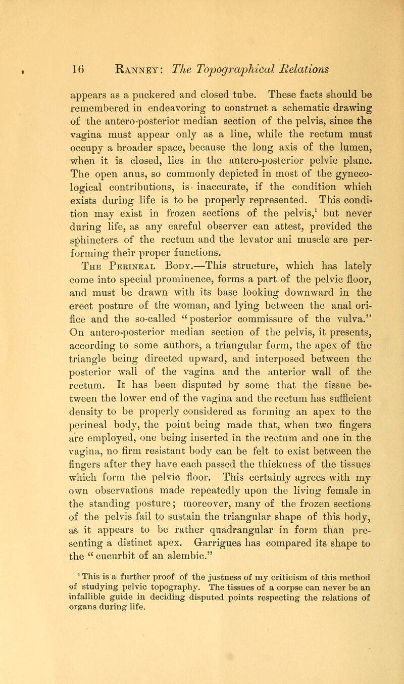 appears as a puckered and closed tube. These facts should be remembered in endeavoring to construct a schematic drawing of the antero-posterior median section of the pelvis, since the vagina must appear only as a line, while the rectum must occupy a broader space, because the long axis of the lumen, when it is closed, lies in the antero-posterior pelvic plane. The open anus, so commonly depicted in most of the gyneco- logical contributions, is- inaccurate, if the condition which exists during life is to be properly represented. This condi- tion may exist in frozen sections of the pelvis,1 but never during life, as any careful observer can attest, provided the sphincters of the rectum and the levator ani muscle are per- forming their proper functions. The Perineal Body.—This structure, which has lately come into special prominence, forms a part of the pelvic floor, and must be drawn with its base looking downward in the erect posture of the woman, and lying between the anal ori- fice and the so-called posterior commissure of the vulva. On antero-posterior median section of the pelvis, it presents, according to some authors, a triangular form, the apex of the triangle being directed upward, and interposed between the posterior wall of the vagina and the anterior wall of the rectum. It has been disputed by some that the tissue be- tween the lower end of the vagina and the rectum has sufficient density to be properly considered as forming an apex to the perineal body, the point being made that, when two fingers are employed, one being inserted in the rectum and one in the vagina, no firm resistant body can be felt to exist between the fingers after they have each passed the thickness of the tissues which form the pelvic floor. This certainly agrees with my own observations made repeatedly upon the living female in the standing posture; moreover, many of the frozen sections of the pelvis fail to sustain the triangular shape of this body, as it appears to be rather quadrangular in form than pre- senting a distinct apex. Garrigues has compared its shape to the  cucurbit of an alembic. 1 This is a further proof of the justness of my criticism of this method of studying pelvic topography. The tissues of a corpse can never be an infallible guide in deciding disputed points respecting the relations of organs during life.