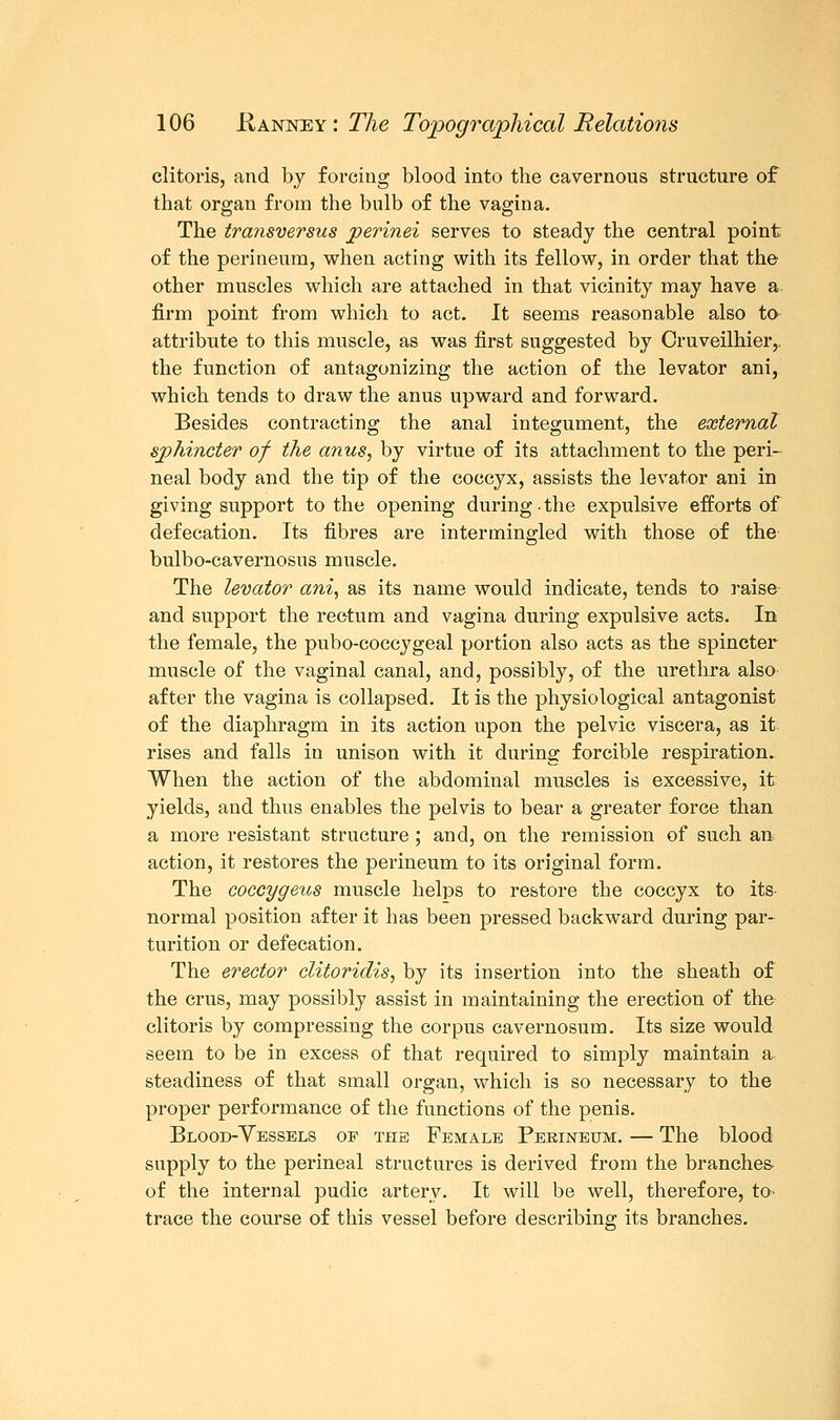 clitoris, and by forcing blood into the cavernous structure of that organ from the bulb of the vagina. The transversus perinei serves to steady the central point of the perineum, when acting with its fellow, in order that the other muscles which are attached in that vicinity may have a firm point from which to act. It seems reasonable also to attribute to this muscle, as was first suggested by Cruveilhier,, the function of antagonizing the action of the levator ani, which tends to draw the anus upward and forward. Besides contracting the anal integument, the external sphincter of the anus, by virtue of its attachment to the peri- neal body and the tip of the coccyx, assists the levator ani in giving support to the opening during the expulsive efforts of defecation. Its fibres are intermingled with those of the bulbo-cavernosns muscle. The levator ani, as its name would indicate, tends to raise and support the rectum and vagina during expulsive acts. In the female, the pubo-coccygeal portion also acts as the spincter muscle of the vaginal canal, and, possibly, of the urethra also after the vagina is collapsed. It is the physiological antagonist of the diaphragm in its action upon the pelvic viscera, as it rises and falls in unison with it during forcible respiration. When the action of the abdominal muscles is excessive, it yields, and thus enables the pelvis to bear a greater force than a more resistant structure ; and, on the remission of such an action, it restores the perineum to its original form. The coccygeus muscle helps to restore the coccyx to its- normal position after it has been pressed backward during par- turition or defecation. The erector clitoridis, by its insertion into the sheath of the crus, may possibly assist in maintaining the erection of the clitoris by compressing the corpus cavernosum. Its size would seem to be in excess of that required to simply maintain a. steadiness of that small organ, which is so necessary to the proper performance of the functions of the penis. Blood-Vessels of the Female Perineum. — The blood supply to the perineal structures is derived from the branches of the internal pudic artery. It will be well, therefore, to> trace the course of this vessel before describing its branches.