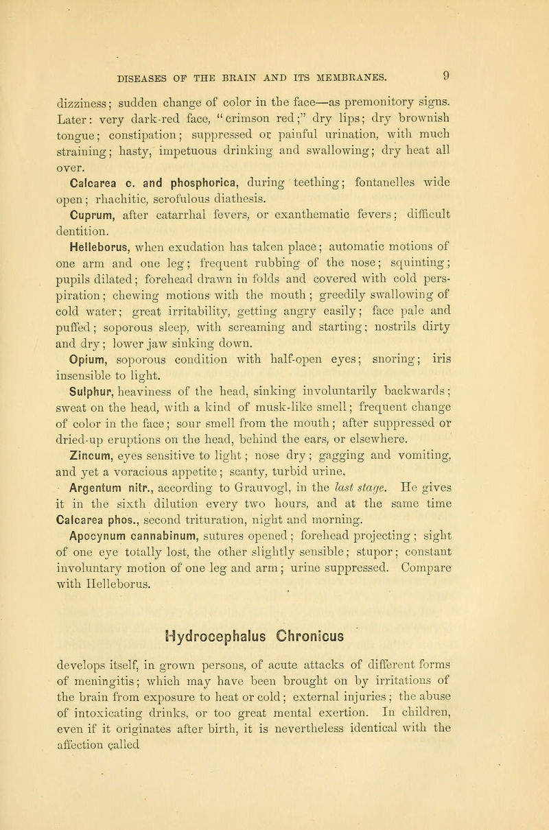 dizziness; sudden cliange of color in the face—as premonitory signs. Later: very dark-red face, crimson red; dry lips; dry brownish tongue; constipation; suppressed or painful urination, with much straining; hasty, impetuous drinking and swallowing; dry heat all over. Calcarea c. and phosphorica, during teething; fontanelles wide open; rhachitic, scrofulous diathesis. Cuprum, after catarrhal fevers, or esanthematic fevers; difficult dentition. Helleborus, when exudation has taken place; automatic motions of one arm and one leg; frequent rubbing of the nose; squinting; pupils dilated; forehead drawn in folds and covered with cold pers- piration; chewing motions with the mouth; greedily swallowing of cold water; great irritability, getting angry easily; face pale and puffed; soporous sleep, with screaming and starting; nostrils dirty and dry; lower jaw sinking down. Opium, soporous condition with half-open eyes; snoring; iris insensible to light. Sulphur, heaviness of the head, sinking involuntarily backwards; sweat on the head, with a kind of musk-like smell; frequent change of color in the face; sour smell from the mouth; after suppressed or dried-up eruptions on the head, behind the ears, or elsewhere. Zincum, eyes sensitive to light; nose dry; gagging and vomiting, and yet a voracious appetite; scanty, turbid urine, Argentum nitr., according to Grauvogl, in the last stage. He gives it in the sixth dilution every two hours, and at the same time Calcarea phos., second trituration, night and morning. Apocynum cannabinum, sutures opened; forehead projecting; sight of one eye totally lost, the other slightly sensible; stupor; constant involuntary motion of one leg and arm ; urine suppressed. Compare with Helleborus. Hydrocephalus Chponicus develops itself, in grown persons, of acute attacks of different forms of meningitis; which may have been brought on by irritations of the brain from exposure to heat or cold; external injuries ; the abuse of intoxicating drinks, or too great mental exertion. In children, even if it originates after birth, it is nevertheless identical with the affection galled