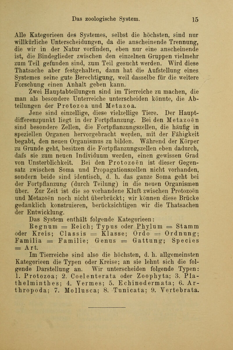 Alle Kategorieen des Systemes, selbst die höchsten, sind nur willkürliche Unterscheidungen, da die anscheinende Trennung, die wir in der Natur vorfinden, eben nur eine anscheinende ist, die Bindeglieder zwischen den einzelnen Gruppen vielmehr zum Teil gefunden sind, zum Teil gesucht werden. Wird diese Thatsache aber festgehalten, dann hat die Aufstellung eines Systemes seine gute Berechtigung, weil dasselbe für die weitere Forschung einen Anhalt geben kann. Zwei Hauptabteilungen sind im Tierreiche zu machen, die man als besondere Unterreiche unterscheiden könnte, die Ab- teilungen der Protozoa und Metazoa. Jene sind einzellige, diese vielzellige Tiere. Der Haupt- dififerenzpunkt liegt in der Fortpflanzung. Bei den Metazoen sind besondere Zellen, die Fortpflanzungszellen, die häufig in speziellen Organen hervorgebracht werden, mit der Fähigkeit begabt, den neuen Organismus zu bilden. Während der Körper zu Grunde geht, besitzen die Fortpflanzungszellen eben dadurch, dafs sie zum neuen Individuum werden, einen gewissen Grad von Unsterblichkeit. Bei den Protozoen ist dieser Gegen- satz zwischen Soma und Propagationszellen nicht vorhanden, sondern beide sind identisch, d. h. das ganze Soma geht bei der Fortpflanzung (durch Teilung) in die neuen Organismen über. Zur Zeit ist die so vorhandene Kluft zwischen Protozoen und Metazoen noch nicht überbrückt; wir können diese Brücke gedanklich konstruieren, berücksichtigen wir die Thatsachen der Entwicklung. Das System enthält folgende Kategorieen: ßegnum = Reich; Typus oder Phylum =, Stamm oder Kreis; Classis = Klasse; Ordo = Ordnung; Familia = Familie; Genus = Gattung-; Species = Art. Im Tierreiche sind also die höchsten, d. h. allgemeinsten Kategorieen die Typen oder Kreise; an sie lehnt sich die fol- gende Darstellung an. W^ir unterscheiden folgende Typen: 1. Protozoa; 2. Coelenterata oder Zoophyta; 3. Pla- thelminthes; 4. Yermes; 5. E chinodermata; 6. Ar- thropoda; 7. Mollusca; 8. Tunicata; 9. Vertebrata.