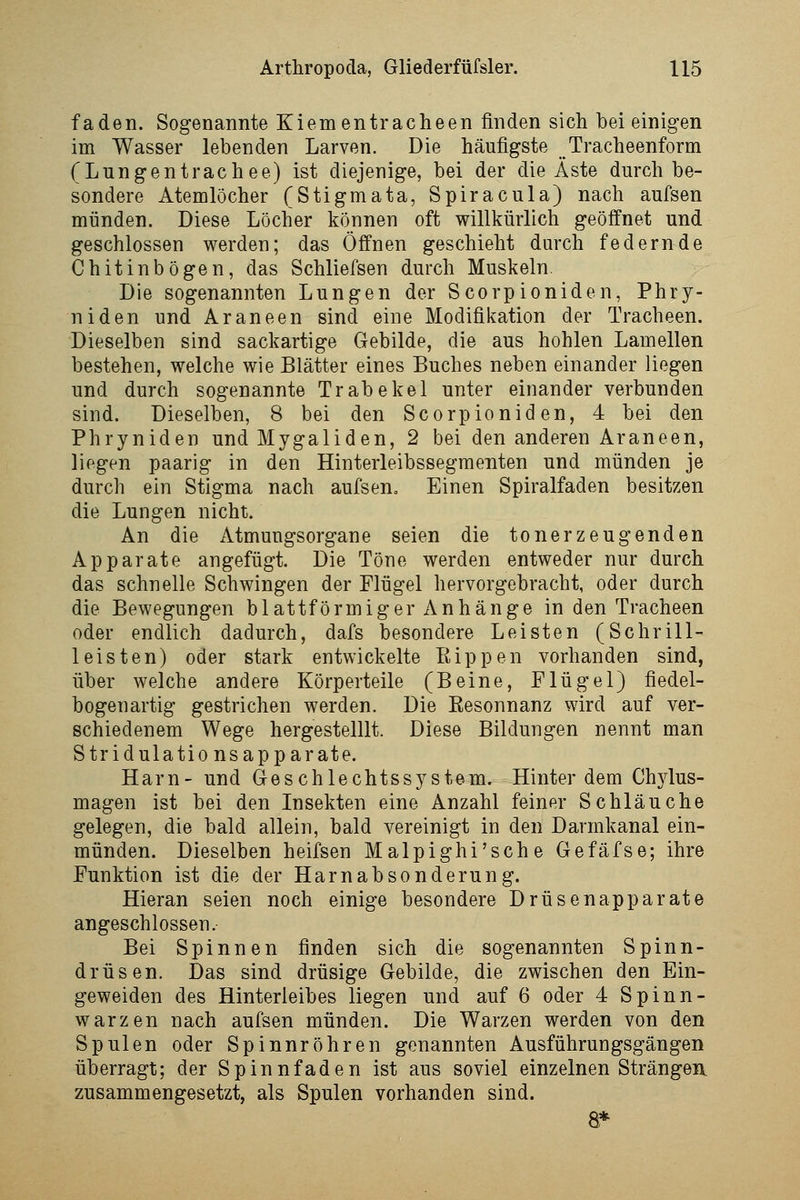 faden. Sogenannte Kiementracheen finden sich bei einigen im Wasser lebenden Larven. Die häufigste Tracheenform (Lungentrachee) ist diejenige, bei der die Äste durch be- sondere Atemlöcher (Stigmata, Spiracula) nach aufsen münden. Diese Löcher können oft willkürlich geöffnet und geschlossen werden; das Öffnen geschieht durch federnde Chitinbögen, das Schliefsen durch Muskeln Die sogenannten Lungen der Scorpioniden, Phry- niden und Araneen sind eine Modifii^ation der Tracheen. Dieselben sind sackartige Gebilde, die aus hohlen Lamellen bestehen, welche wie Blätter eines Buches neben einander liegen und durch sogenannte Trab ekel unter einander verbunden sind. Dieselben, 8 bei den Scorpioniden, 4 bei den Phryniden und Mygaliden, 2 bei den anderen Araneen, liegen paarig in den Hinterleibssegmenten und münden je durch ein Stigma nach aufsen. Einen Spiralfaden besitzen die Lungen nicht. An die Atmungsorgane seien die ton erzeugenden Apparate angefügt. Die Töne werden entweder nur durch das schnelle Schwingen der Flügel hervorgebracht, oder durch die Bewegungen blattförmiger Anhänge in den Tracheen oder endlich dadurch, dafs besondere Leisten (Schrill- leisten) oder stark entwickelte Kippen vorhanden sind, über welche andere Körperteile (Beine, Flügel) fiedel- bogen artig gestrichen werden. Die Eesonnanz wird auf ver- schiedenem Wege hergestelllt. Diese Bildungen nennt man Stridulationsapparate. Harn- und Geschlechtssystem. Hinter dem Chylus- magen ist bei den Insekten eine Anzahl feiner Schläuche gelegen, die bald allein, bald vereinigt in den Darmkanal ein- münden. Dieselben heifsen Malpighi'sche Gefäfse; ihre Funktion ist die der Harn ab sonderung. Hieran seien noch einige besondere Drüsenapparate angeschlossen. Bei Spinnen finden sich die sogenannten Spinn- drüsen. Das sind drüsige Gebilde, die zwischen den Ein- geweiden des Hinterleibes liegen und auf 6 oder 4 Spinn- warzen nach aufsen münden. Die Warzen werden von den Spulen oder Spinnröhren genannten Ausführungsgängen überragt; der Spinnfaden ist aus soviel einzelnen Strängen zusammengesetzt, als Spulen vorhanden sind. 8*
