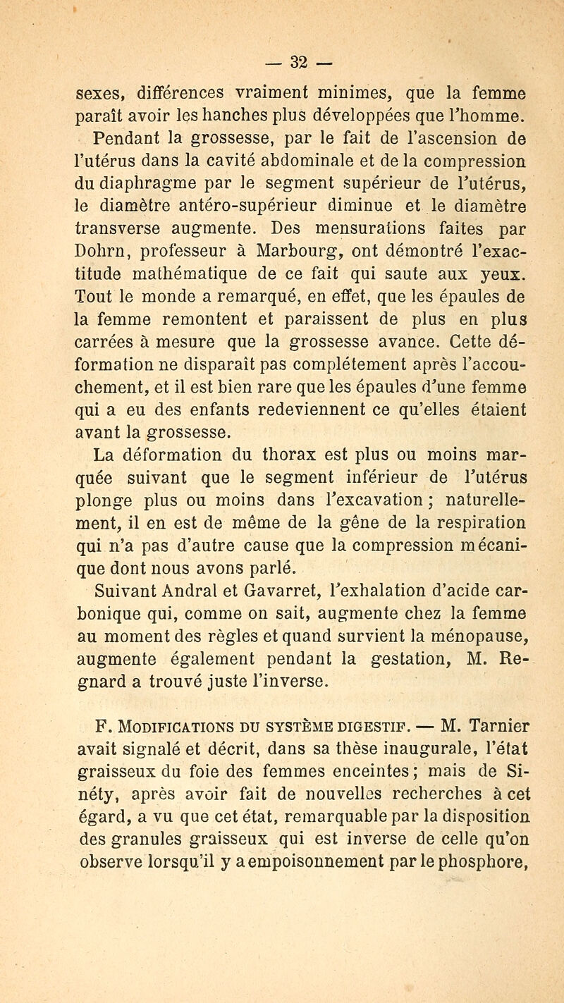 sexes, différences vraiment minimes, que la femme paraît avoir les hanches plus développées que l'homme. Pendant la grossesse, par le fait de l'ascension de l'utérus dans la cavité abdominale et de la compression du diaphragme par le segment supérieur de Tutérus, le diamètre antéro-supérieur diminue et le diamètre transverse augmente. Des mensurations faites par Dohrn, professeur à Marbourg, ont démontré l'exac- titude mathématique de ce fait qui saute aux yeux. Tout le monde a remarqué, en effet, que les épaules de la femme remontent et paraissent de plus en plus carrées à mesure que la grossesse avance. Cette dé- formation ne disparaît pas complètement après l'accou- chement, et il est bien rare que les épaules d'une femme qui a eu des enfants redeviennent ce qu'elles étaient avant la grossesse. La déformation du thorax est plus ou moins mar- quée suivant que le segment inférieur de l'utérus plonge plus ou moins dans l'excavation ; naturelle- ment, il en est de même de la gêne de la respiration qui n'a pas d'autre cause que la compression mécani- que dont nous avons parlé. Suivant Andral et Gavarret, l'exhalation d'acide car- bonique qui, comme on sait, augmente chez la femme au moment des règles et quand survient la ménopause, augmente également pendant la gestation, M. Re- gnard a trouvé juste l'inverse. F. Modifications du système digestif. — M. Tarnier avait signalé et décrit, dans sa thèse inaugurale, l'état graisseux du foie des femmes enceintes ; mais de Si- néty, après avoir fait de nouvelles recherches à cet égard, a vu que cet état, remarquable par la disposition des granules graisseux qui est inverse de celle qu'on observe lorsqu'il y a empoisonnement par le phosphore,