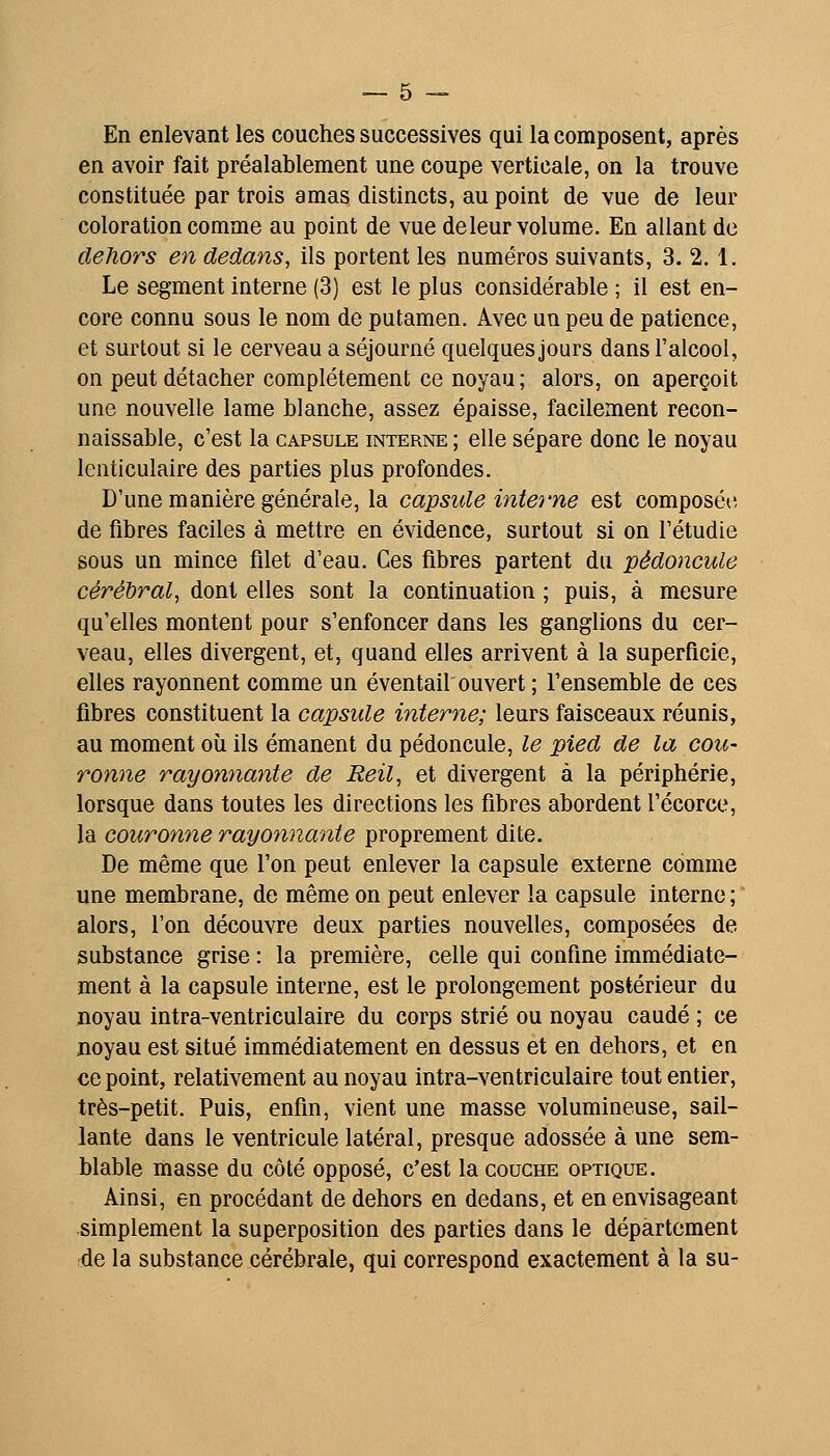 En enlevant les couches successives qui la composent, après en avoir fait préalablement une coupe verticale, on la trouve constituée par trois amas distincts, au point de vue de leur coloration comme au point de vue de leur volume. En allant de dehors en dedans, ils portent les numéros suivants, 3. 2. 1. Le segment interne (3) est le plus considérable ; il est en- core connu sous le nom de putamen. Avec un peu de patience, et surtout si le cerveau a séjourné quelques jours dans l'alcool, on peut détacher complètement ce noyau ; alors, on aperçoit une nouvelle lame blanche, assez épaisse, facilement recon- naissable, c'est la capsule interne ; elle sépare donc le noyau lenticulaire des parties plus profondes. D'une manière générale, la capside interne est composét; de fibres faciles à mettre en évidence, surtout si on l'étudié sous un mince filet d'eau. Ces fibres partent du pédoncule cérébral, dont elles sont la continuation ; puis, à mesure qu'elles montent pour s'enfoncer dans les ganglions du cer- veau, elles divergent, et, quand elles arrivent à la superficie, elles rayonnent comme un éventail ouvert ; l'ensemble de ces fibres constituent la capsule interne; leurs faisceaux réunis, au moment où ils émanent du pédoncule, le pied de la cou- ronne rayonnante de Reil, et divergent à la périphérie, lorsque dans toutes les directions les fibres abordent l'écorce, la couronne rayonnante proprement dite. De même que l'on peut enlever la capsule externe comme une membrane, de même on peut enlever la capsule interne ; alors, l'on découvre deux parties nouvelles, composées de substance grise : la première, celle qui confine immédiate- ment à la capsule interne, est le prolongement postérieur du noyau intra-ventriculaire du corps strié ou noyau caudé ; ce jioyau est situé immédiatement en dessus et en dehors, et en ce point, relativement au noyau intra-ventriculaire tout entier, très-petit. Puis, enfin, vient une masse volumineuse, sail- lante dans le ventricule latéral, presque adossée à une sem- blable masse du côté opposé, c'est la couche optique. Ainsi, en procédant de dehors en dedans, et en envisageant simplement la superposition des parties dans le département <ie la substance cérébrale, qui correspond exactement à la su-