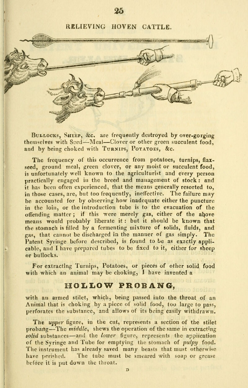 RELIEVING HOVEN CATTLE. Bullocks, Sheep, &c» are frequently destroyed by over-gorging themselves with Seed—Meal—Clover or other green succulent food, and by being choked with Turnips, Potatoes, &c. The frequency of this occurrence from potatoes, turnips, flax- seed, ground meal, green clover, or any moist or succulent food, is unfortunately well known to the agriculturist and every person practically engaged in the breed and management of stock: and it has been often experienced, that the means generally resorted to, in those cases, are, but too frequently, ineffective. The failure may be accounted for by observing how inadequate either the puncture in the loin, or the introduction tube is to the evacuation of the offending matter ; if this were merely gas, either of the ab,ove means would probably liberate it : but it should be known that the stomach is filled by a fermenting mixture of solids, fluids, and gas, that cannot be discharged in the manner of gas simply. The Patent Syringe before described, is found to be as exactly appli- cable, and I have prepared tubes to be fixed to it, either for sheep or bullocks. For extracting Turnips, Potatoes, or pieces of other solid food with which an animal may be choking, J have invented a HOLLOW PROBANG, with an armed stilet, which, being passed into the throat of an Animal that is choking by a piece of solid food, too large to pass, perforates the substance, and allows of its being easily withdrawn. The upper figure, in the cut, represents a section of the stilet probang—The middle, shews the operation of the same in extracting solid substances—and the lower figure, represents the application of the Syringe and Tube for emptying the stomach of pulpy food. The instrument has already saved many beasts that must otherwise have perished. The tube must be smeared with soap or grease before it is put down the throat. d