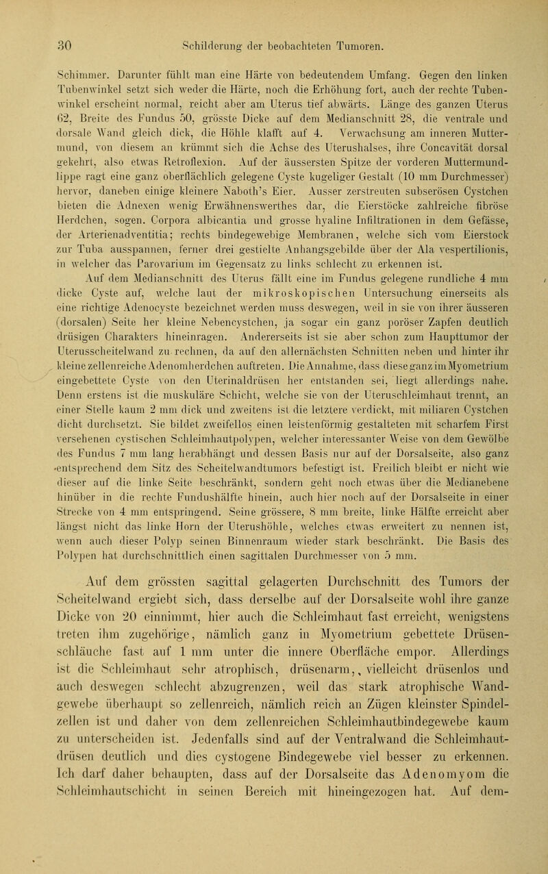 Schimmer. Darunter fühlt man eine Härte von bedeutendem Umfang. Gegen den linken Tubenwinkel setzt sich weder die Härte, noch die Erhöhung fort, auch der rechte Tuben- winkel erscheint normal, reicht aber am Uterus tief abwärts. Länge des ganzen Uterus 62, Breite des Fundus 50, grösste Dicke auf dem Medianschnitt 28, die ventrale und dorsale Wand gleich dick, die Höhle klafft auf 4. Verwachsung am inneren Mutter- mund, von diesem an krümmt sich die Achse des Uterushalses, ihre Concavität dorsal gekehrt, also etwas Retroflexion. Auf der äussersten Spitze der vorderen Muttermund- lippe ragt eine ganz oberflächlich gelegene Cyste kugeliger Gestalt (10 mm Durchmesser) hervor, daneben einige kleinere Naboth's Eier. Ausser zerstreuten subserösen Cystchen bieten die Adnexen wenig Erwähnenswerthes dar, die Eierstöcke zahlreiche fibröse Herdchen, sogen. Corpora albicantia und grosse hyaline Infiltrationen in dem Gefässe, der Arterienadventitia; rechts bindegewebige Membranen, welche sich vom Eierstock zur Tuba ausspannen, ferner drei gestielte Anhangsgebilde über der Ala vespertilionis, in welcher das Parovarium im Gegensatz zu links schlecht zu erkennen ist. Auf dem Medianschnitt des Uterus fällt eine im Fundus gelegene rundliche 4 mm dicke Cyste auf, welche laut der mikroskopischen Untersuchung einerseits als eine richtige Adenocyste bezeichnet werden muss deswegen, weil in sie von ihrer äusseren (dorsalen) Seite her kleine Nebencystchen, ja sogar ein ganz poröser Zapfen deutlich drüsigen Charakters hineinragen. Andererseits ist sie aber schon zum Haupttumor der Uterusscheitelwand zu- rechnen, da auf den allernächsten Schnitten neben und hinter ihr kleine zellenreiche Adenomherdchen auftreten. Die Annahme, dass diese ganz im Myometrium eingebettete Cyste von den Uterinaldrüsen her entstanden sei, liegt allerdings nahe. Denn erstens ist die muskuläre Schicht, welche sie von der Uteruschleimhaut trennt, an einer Stelle kaum 2 mm dick und zweitens ist die letztere verdickt, mit miliaren Cystchen dicht durchsetzt. Sie bildet zweifellos einen leistenförmig gestalteten mit scharfem First versehenen cystischen Schleimhautpolypen, welcher interessanter Weise von dem Gewölbe des Fundus 7 mm lang herabhängt und dessen Basis nur auf der Dorsalseite, also ganz •entsprechend dem Sitz des Scheitelwandtumors befestigt ist. Freilich bleibt er nicht wie dieser auf die linke Seite beschränkt, sondern geht noch etwas über die Medianebene hinüber in die rechte Fundushälfte hinein, auch hier noch auf der Dorsalseite in einer Strecke von 4 mm entspringend. Seine grössere, 8 mm breite, linke Hälfte erreicht aber längst nicht das linke Hörn der Uterushöhle, welches etwas erweitert zu nennen ist, wenn auch dieser Polyp seinen Binnenraum Avieder stark beschränkt. Die Basis des Polypen hat durchschnittlich einen sagittalen Durchmesser von 5 mm. Auf dem grössten sagittal gelagerten Durchschnitt des Tumors der Scheitelwand ergiebt sich, dass derselbe auf der Dorsalseite wohl ihre ganze Dicke von 20 einnimmt, hier auch die Schleimhaut fast erreicht, wenigstens treten ihm zugehörige, nämlich ganz in Myometrium gebettete Drüsen- schläuchc fast auf 1 mm unter die innere Oberfläche empor. Allerdings ist die Schleimhaut sehr atrophisch, drüsenarm,, vielleicht drüsenlos und auch deswegen schlecht abzugrenzen, weil das stark atrophische Wand- gewebe überhaupt so zellenreich, nämlich reich an Zügen kleinster Spindel- zellen ist und daher von dem zellenreichen Schleimhautbindegewebe kaum zu unterscheiden ist. Jedenfalls sind auf der Ventralwand die Schleimhaut- drüsen deutlich und dies cystogene Bindegewebe viel besser zu erkennen. Ich darf daher behaupten, dass auf der Dorsalseite das Adenom vom die Schleimhautschicht in seinen Bereich mit hineingezogen hat. Auf dem-