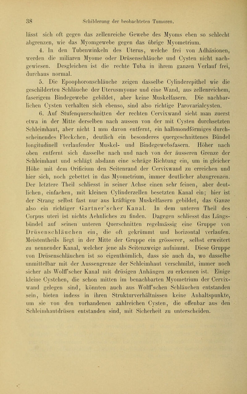 lässt sich oft gegen das zellenreiche Gewebe des Myoms eben so schlecht abgrenzen, wie das Myomgewebe gegen das übrige Myometrium. 4. In den Tubenwinkeln des Uterus, welche frei von Adhäsionen, werden die miliaren Myome oder Drüsenschläuche und Cysten nicht nach- gewiesen. Desgleichen ist die rechte Tuba in ihrem ganzen Verlauf frei, durchaus normal. 5. Die Epoophoronschläuche zeigen dasselbe Cylinderepithel wie die geschilderteu Schläuche der Uterusmyome und eine Wand, aus zellenreichem, faserigem Bindegewebe gebildet, aber keine Muskelfasern. Die nachbar- lichen Cysten verhalten sich ebenso, sind also richtige Parovarialcysten. 6. Auf Stufenquerschnitten der rechten Cervixwand sieht man zuerst etwa in der Mitte derselben nach aussen von der mit Cysten durchsetzten Schleimhaut, aber nicht 1 mm davon entfernt, ein halbmondförmiges durch- scheinendes Fleckchen, deutlich ein besonderes quergeschnittenes Bündel longitudinell verlaufender Muskel- und Bindegewebsfasern. Höher nach oben entfernt sich dasselbe nach und nach von der äusseren Grenze der Schleimhaut und schlägt alsdann eine schräge Richtung ein, um in gleicher Höhe mit dem Orificium den Seitenrand der Cervixwand zu erreichen und hier sich, noch gebettet in das Myometrium, immer deutlicher abzugrenzen. Der letztere Theil schliesst in seiner Achse einen sehr feinen, aber deut- lichen, einfachen, mit kleinen Cylinderzellen besetzten Kanal ein; hier ist der Strang selbst fast nur aus kräftigen Muskelfasern gebildet, das Ganze also ein richtiger Gartner'schcr Kanal. In dem unteren Theil des Corpus uteri ist nichts Aehnliches zu finden. Dagegen schliesst das Längs- bündel auf seinen unteren Querschnitten regelmässig eine Gruppe von Drüsen schlauchen ein, die oft gekrümmt und horizontal verlaufen. Meistentheils liegt in der Mitte der Gruppe ein grösserer, selbst erweitert zu nennender Kanal, welcher jene als Seitenzweige aufnimmt. Diese Gruppe von Drüsenschläuchen ist so eigenthümlich, dass sie auch da, wo dasselbe unmittelbar mit der Aussengrenze der Schleimhaut verschmilzt, immer noch sicher als WolfFscher Kanal mit drüsigen Anhängen zu erkennen ist. Einige kleine Cystchen, die schon mitten im benachbarten Myometrium der Cervix- wand gelegen sind, könnten auch aus Wolff'sehen Schläuchen entstanden sein, bieten indess in ihren Strukturverhältnissen keine Anhaltspunkte, Li in sie von den vorhandenen zahlreichen Cysten, die offenbar aus den Schleimhautdrüsen entstanden sind, mit Sicherheit zu unterscheiden.