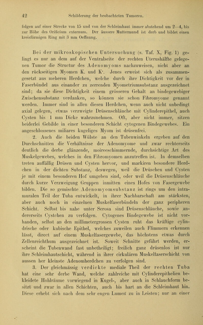 folgen auf einer Strecke von 15 und von der Schleimhaut immer abstehend um 2—4, bis zur Höhe des Orificium externum. Der äussere Muttermund ist derb und bildet einen kreisförmigen Kino- mit 3 mm Oeffnung. Bei der mikroskopischen Untersuchung (s. Taf. X, Fig. 1) ge- lingt es nur an dem auf der Ventralseite der rechten Uterushälfte gelege- nen Tumor die Structur des Adenomyoms nachzuweisen, nicht aber an den rückseitigen Myomen K. und K'. Jenes erweist sich als zusammen- gesetzt aus meheren Herdchen, welche durch ihre Dichtigkeit vor der in Faserbündel aus einander zu zerrenden Myometriumsubstanz ausgezeichnet sind; da sie diese Dichtigkeit einem grösseren Gehalt an bindegewebiger Zwischensubstanz verdanken, so können sie schon Fibromyome genannt werden. Immer sind in allen diesen Herdchen, wenn auch nicht unbedingt axial gelegen, etwas verzweigte Drüsenschläuche mit Cylinderepithel, auch Cysten bis 1 mm Dicke wahrzunehmen. Oft, aber nicht immer, sitzen beiderlei Gebilde in einer besonderen Schicht cytogenen Bindegewebes. Ein angeschlossenes miliares kugeliges Myom ist drüsenfrei. 2. Auch die beiden Wülste an den Tubenwinkeln ergeben auf den Durchschnitten die Verhältnisse der Adenomyome und zwar rechterseits deutlich die derbe glänzende, moireeschimmernde, durchsichtige Art des Muskelgewebes, welches in den Fibromyomen anzutreffen ist. In demselben treten auffällig Drüsen und Cysten hervor, und markiren besondere Herd- chen in der dichten Substanz, deswegen, weil die Drüschen und Cysten je mit einem besonderen Hof umgeben sind, oder weil die Drüsenschläuche durch kurze Verzweigung Gruppen inmitten eines Hofes von Fasergewebe bilden. Die so gemischte Adenomyomsubstanz ist rings um den intra- muralen Teil der Tuba entwickelt, in ihrer Nachbarschaft am stärksten, aber auch noch in einzelnen Muskelfaserbündeln der ganz peripheren Schicht. Selbst bis nahe unter Serosa sind Drüsenschläuche, sowie an- dererseits Cystchen zu verfolgen. Cytogenes Bindegewebe ist nicht vor- handen, selbst an den millimetergrossen Cysten ruht das kräftige cylin- drische oder kubische Epithel, welches zuweilen auch Flimmern erkennen lässt, direct auf einem Muskelfasergewebe, das höchstens etwas durch Zcllenreichthum ausgezeichnet ist. Soweit Schnitte geführt werden, er- scheint die Tubenwand fast unbethciligt; freilich ganz drüsenlos ist nur ihre Schleimhautschicht, während in ihrer cirkulären Muskelfaserschicht von aussen her kleinste Adenomherdchen zu verfolgen sind. 3. Der gleichmässig verdickte mediale Theil der rechten Tuba hat eine sehr derbe Wand, welche zahlreiche mit Cylinderepithelien be- kleidete Hohlräume vorwiegend in Kugel-, aber auch in Schlauchform be- sitzt und zwar in allen Schichten, auch bis hart an die Schleimhaut hin. Diese erhebt sich nach dein sehr engen Lumen zu in Leisten; nur an einer