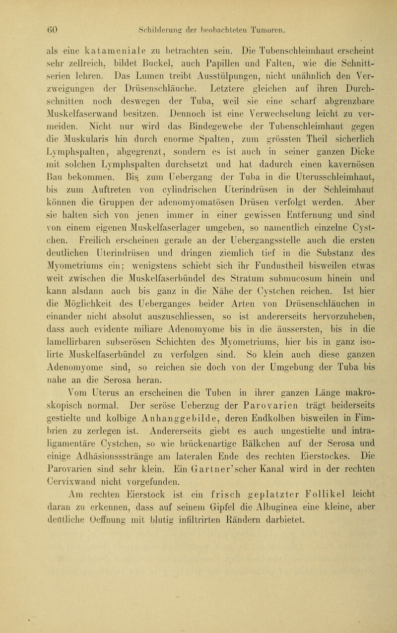 als eine katameniale zu betrachten sein. Die Tubenschleimhaut erscheint sehr zellreich, bildet Buckel, auch Papillen und Falten, wie die Schnitt- serien lehren. Das Lumen treibt Ausstülpungen, nicht unähnlich den Ver- zweigungen der Drüsenschläuohe. Letztere gleichen auf ihren Durch- schnitten noch deswegen der Tuba, weil sie eine scharf abgrenzbare Muskelfaserwand besitzen. Dennoch ist eine Verwechselung leicht zu ver- meiden. Nicht nur wird das Bindegewebe der Tubenschleimhaut gegen die Muskularis hin durch enorme Spalten, zum grössten Theil sicherlich Lymphspalten, abgegrenzt, sondern es ist auch in seiner ganzen Dicke mit solchen Lymphspalten durchsetzt und hat dadurch einen kavernösen Bau bekommen. Bis. zum Uebergang der Tuba in die Uterusschleimhaut, bis zum Auftreten von cylindrischen Uterindrüsen in der Schleimhaut können die Gruppen der adenomyomatösen Drüsen verfolgt werden. Aber sie halten sich von jenen immer in einer gewissen Entfernung und sind von einem eigenen Muskelfaserlager umgeben, so namentlich einzelne Cyst- chen. Freilich erscheinen gerade an der Uebergangsstelle auch die ersten deutlichen Uterindrüsen und dringen ziemlich tief in. die Substanz des Myometriums ein; wenigstens schiebt sich ihr Fundustheil bisweilen etwas weit zwischen die Muskelfaserbündel des Stratum submucosum hinein und kann alsdann auch bis ganz in die Nähe der Cystchen reichen. Ist hier die Möglichkeit des Ueberganges beider Arten von Drüsenschläuchen in einander nicht absolut auszuschliessen, so ist andererseits hervorzuheben, dass auch evidente miliare Adenomyome bis in die äussersten, bis in die lamellirbaren subserösen Schichten des Myometriums, hier bis in ganz iso- lirte Muskelfaserbündel zu verfolgen sind. So klein auch diese ganzen Adenomyome sind, so reichen sie doch von der Umgebung der Tuba bis nahe an die Serosa heran. Vom Uterus an erscheinen die Tuben in ihrer ganzen Länge makro- skopisch normal. Der seröse Ueberzug der Parovarien trägt beiderseits gestielte und kolbige Anhanggebilde, deren Endkolben bisweilen in Fim- brien zu zerlegen ist. Andererseits giebt es auch ungestielte und intra- ligamentäre Cystchen, so wie brückenartige Bälkchen auf der Serosa und einige Adhäsionssstränge am lateralen Ende des rechten Eierstockes. Die Parovarien sind sehr klein. Ein Gartner'scher Kanal wird in der rechten Cervixwand nicht vorgefunden. Am rechten Eierstock ist ein frisch geplatzter Follikel leicht daran zu erkennen, dass auf seinem Gipfel die Albuginea eine kleine, aber deutliche Oeffmmg mit blutig infiltrirten Rändern darbietet.