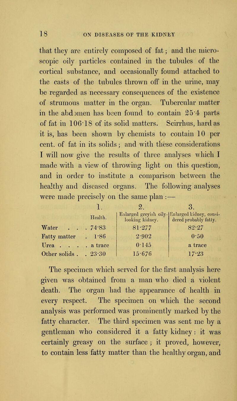 that they are entirely composed of fat; and the micro- scopic oily particles contained in the tubules of the cortical substance, and occasionally found attached to the casts of the tubules thrown off in the urine, may be regarded as necessary consequences of the existence of strumous matter in the organ. Tubercular matter in the abdomen has been found to contain 254 parts of fat in 106 18 of its solid matters. Scirrhus, hard as it is, has been shown by chemists to contain 10 per cent, of fat in its solids; and with these considerations I will now give the results of three analyses which I made with a view of throwing light on this question, and in order to institute a comparison between the healthy and diseased organs. The following analyses were made precisely on the same plan : — 1. Health. Water . 74-83 Fatty matter . 1-86 Urea . . a trace Other solids . . 23-30 2. Enlarged greyish oily- looking kidney. 81-277 2-902 0145 15-676 3. Enlarged kidney, consi- dered probably fatty. 82-27 050 a trace 17-23 The specimen which served for the first analysis here given was obtained from a man who died a violent death. The organ had the appearance of health in every respect. The specimen on which the second analysis was performed was prominently marked by the fatty character. The third specimen was sent me by a gentleman who considered it a fatty kidney: it was certainly greasy on the surface ; it proved, however, to contain less fatty matter than the healthy organ, and