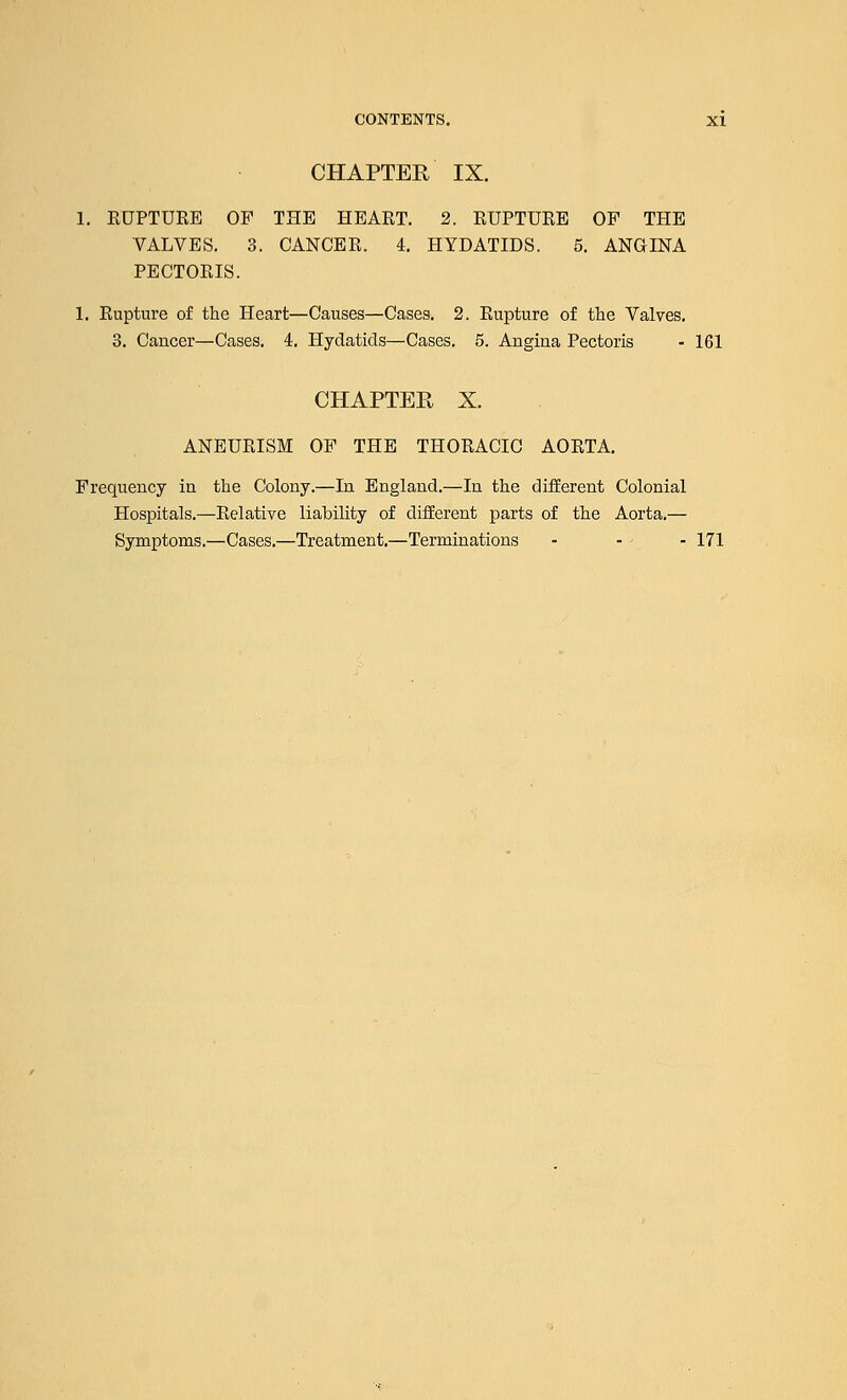 CHAPTER IX. 1. RUPTURE OF THE HEART. 2. RUPTURE OF THE VALVES. 3. CANCER. 4. HYDATIDS. 5. ANGINA PECTORIS. 1. Rupture of the Heart—Causes—Cases. 2. Rupture of the Valves. 3. Cancer—Cases. 4. Hydatids—Cases. 5. Angina Pectoris - 161 CHAPTER X. ANEURISM OF THE THORACIC AORTA. Frequency in the Colony.—In England.—In the different Colonial Hospitals.—Relative liability of different parts of the Aorta.— Symptoms.—Cases.—Treatment.—Terminations - - ' - 171