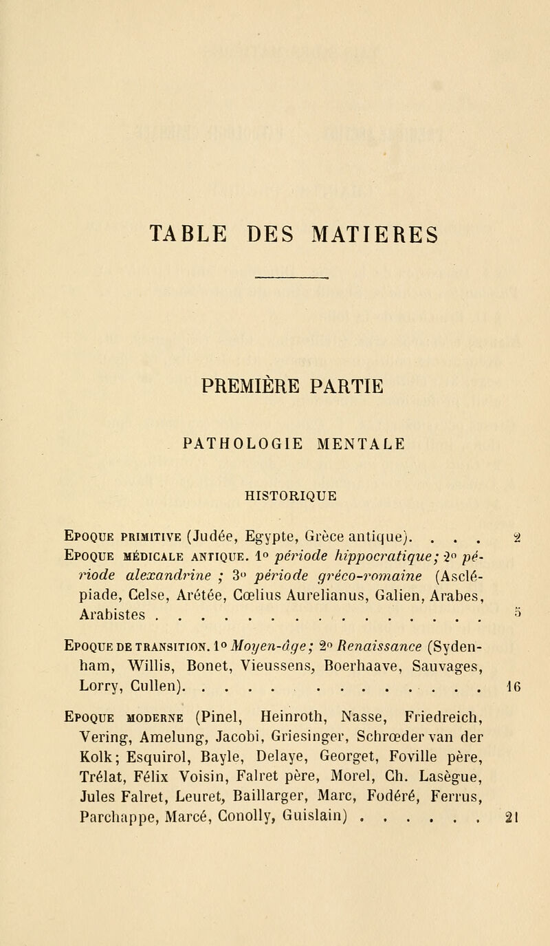 TABLE DES MATIERES PREMIÈRE PARTIE PATHOLOGIE MENTALE HISTORIQUE Epoque primitive (Judée, Egypte, Grèce antique). ... t Epoque médicale antique. 1» période hippocratique; -20 pé- riode alexandrine ; 3 période gréco-romaine (Asclé- piade, Celse, Arétée, Gœlius Aurelianus, Galien, Arabes, Arabistes a Epoque de transition. 1» Moyen-âge; 2 Renaissance (Syden- ham, Willis, Bonet, Vieussens, Boerhaave, Sauvages, Lorry, Cullen) 16 Epoque moderne (Pinel, Heinroth, Nasse, Friedreich, Vering, Amelung, Jacobi, Griesinger, Schrœdervan der Kolk; Esquirol, Bayle, Délaye, Georget, Foville père, Trélat, Félix Voisin, Falret père, Morel, Gh. Lasègue, Jules Falret, Leuret, Baillarger, Marc, Fodéré, Ferrus, Parchappe, Marcé, Gonolly, Guislain) 21