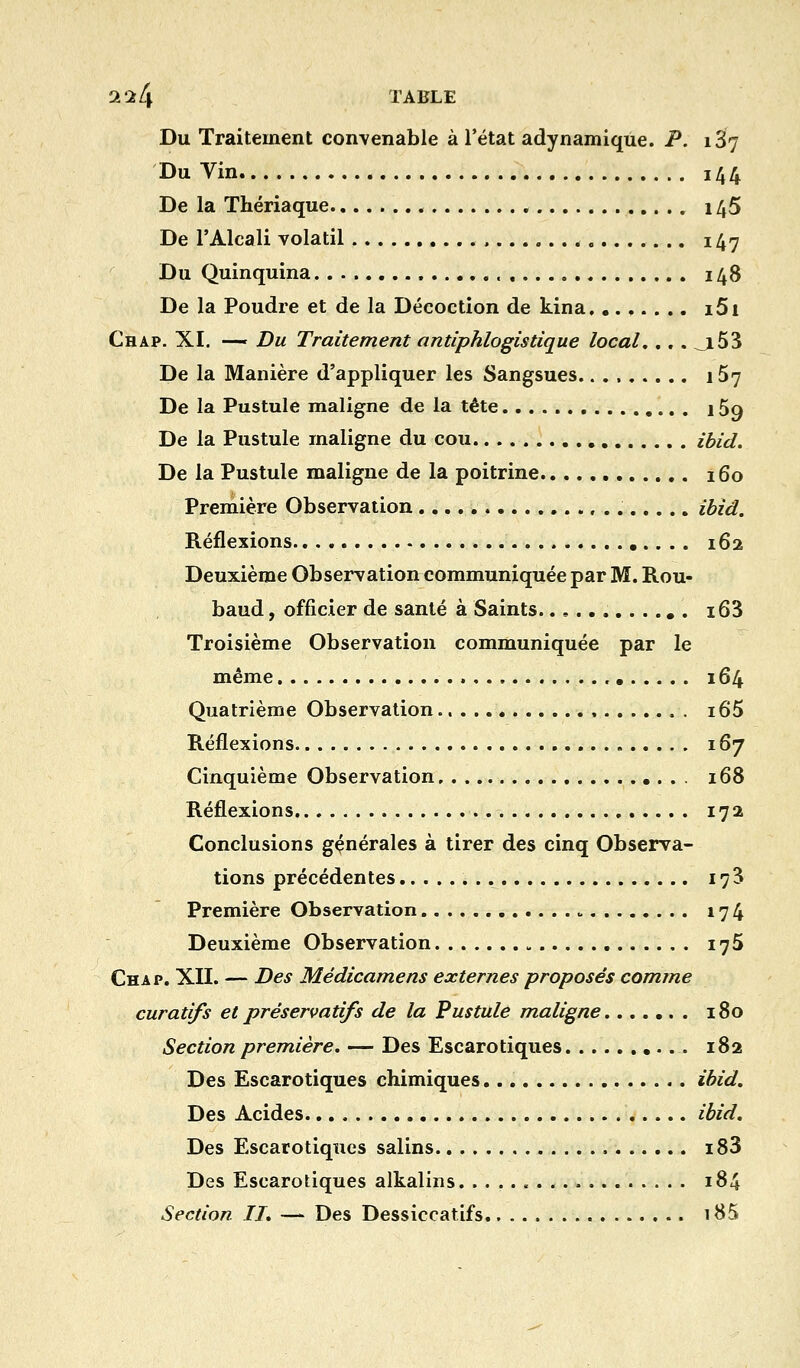 2'2 4 TABLE Du Traitement convenable à l'état adynamique. P. 187 Du Vin 144 De la Thériaque 145 De l'Alcali volatil 147 Du Quinquina 148 De la Poudre et de la Décoction de kina i5i Chap. XI. — Du Traitement antiphlogistique local,... j53 De la Manière d'appliquer les Sangsues 157 De la Pustule maligne de la tête 159 De la Pustule maligne du cou ibid. De la Pustule maligne de la poitrine 160 Première Observation ibid. Réflexions 162 Deuxième Observation communiquée par M. Rou- baud, officier de santé à Saints i63 Troisième Observation communiquée par le même 164 Quatrième Observation , . i65 Réflexions 167 Cinquième Observation 168 Réflexions 172 Conclusions générales à tirer des cinq Observa- tions précédentes 17 3 Première Observation „ 174 Deuxième Observation 175 Chap. XII. — Des Médicamens externes proposés comme curatifs et préservatifs de la Pustule maligne 180 Section première. — Des Escarotiques »... 182 Des Escarotiques chimiques ibid. Des Acides ibid. Des Escarotiques salins i83 Des Escarotiques alkalins 184 Section II. — Des Dessiccatifs 185