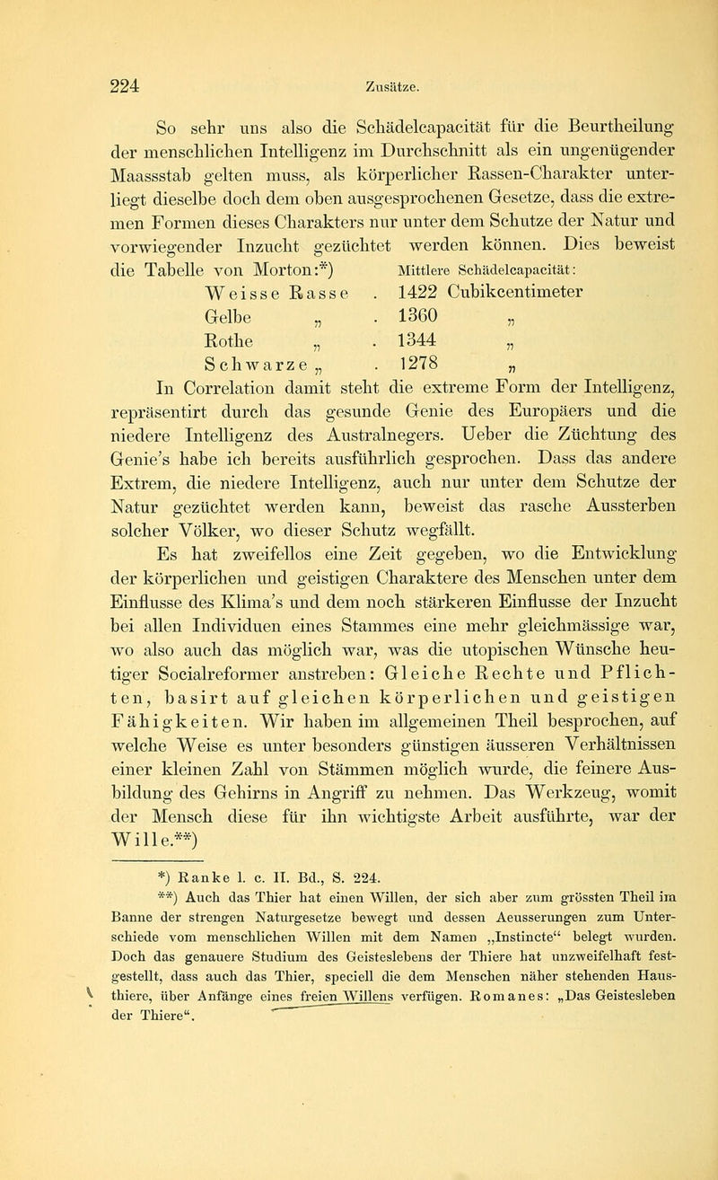 So sehr uns also die Schädelcapacität für die Beurtheilung der menscMichen Intelligenz im Durchsclinitt als ein ungenügender Maassstab gelten muss, als körperlicher Rassen-Charakter unter- liegt dieselbe doch dem oben ausgesprochenen Gesetze, dass die extre- men Formen dieses Charakters nur unter dem Schutze der Natur und vorwiegender Inzucht gezüchtet werden können. Dies beweist die Tabelle von Morton:*) Mittlere Schädelcapacität: Weisse Rasse . 1422 Cubikcentimeter Gelbe „ . 1360 „ Rothe „ . 1344 „ Schwarze,, . 1278 „ In Correlation damit steht die extreme Form der Intelligenz, repräsentirt durch das gesunde Genie des Europäers und die niedere Intelligenz des Austrainegers. lieber die Züchtung des Genie's habe ich bereits ausführlich gesprochen. Dass das andere Extrem, die niedere Intelligenz, auch nur unter dem Schutze der Natur gezüchtet werden kann, beweist das rasche Aussterben solcher Völker, wo dieser Schutz wegfällt. Es hat zweifellos eine Zeit gegeben, wo die Entwicklung der körperlichen und geistigen Charaktere des Menschen unter dem Einflüsse des Klima's und dem noch stärkeren Einflüsse der Inzucht bei allen Individuen eines Stammes eine mehr gleichmässige war, wo also auch das möglich war, was die utopischen Wünsche heu- tiger Socialreformer anstreben: Gleiche Rechte und Pflich- ten, basirt auf gleichen körperlichen und geistigen Fähigkeiten. Wir haben im allgemeinen Theil besprochen, auf welche Weise es unter besonders günstigen äusseren Verhältnissen einer kleinen Zahl von Stämmen möglich wurde, die feinere Aus- bildung des Gehirns in Angrifi zu nehmen. Das Werkzeug, womit der Mensch diese für ihn wichtigste Arbeit ausführte, war der Wille.**) *) Kanke 1. c. IT. Bd., S. 224. **) Auch das Thier hat einen Willen, der sich aber zum grössten Theil im Banne der strengen Naturgesetze bewegt und dessen Aeusserungen zum Unter- schiede vom menschlichen Willen mit dem Namen „Instincte belegt wurden. Doch das genauere Studium des Geisteslebens der Thiere hat unzweifelhaft fest- gestellt, dass auch das Thier, speciell die dem Menschen näher stehenden Haus- thiere, über Anfänge eines freien Willens verfügen. Eomanes: „Das Geistesleben der Thiere.